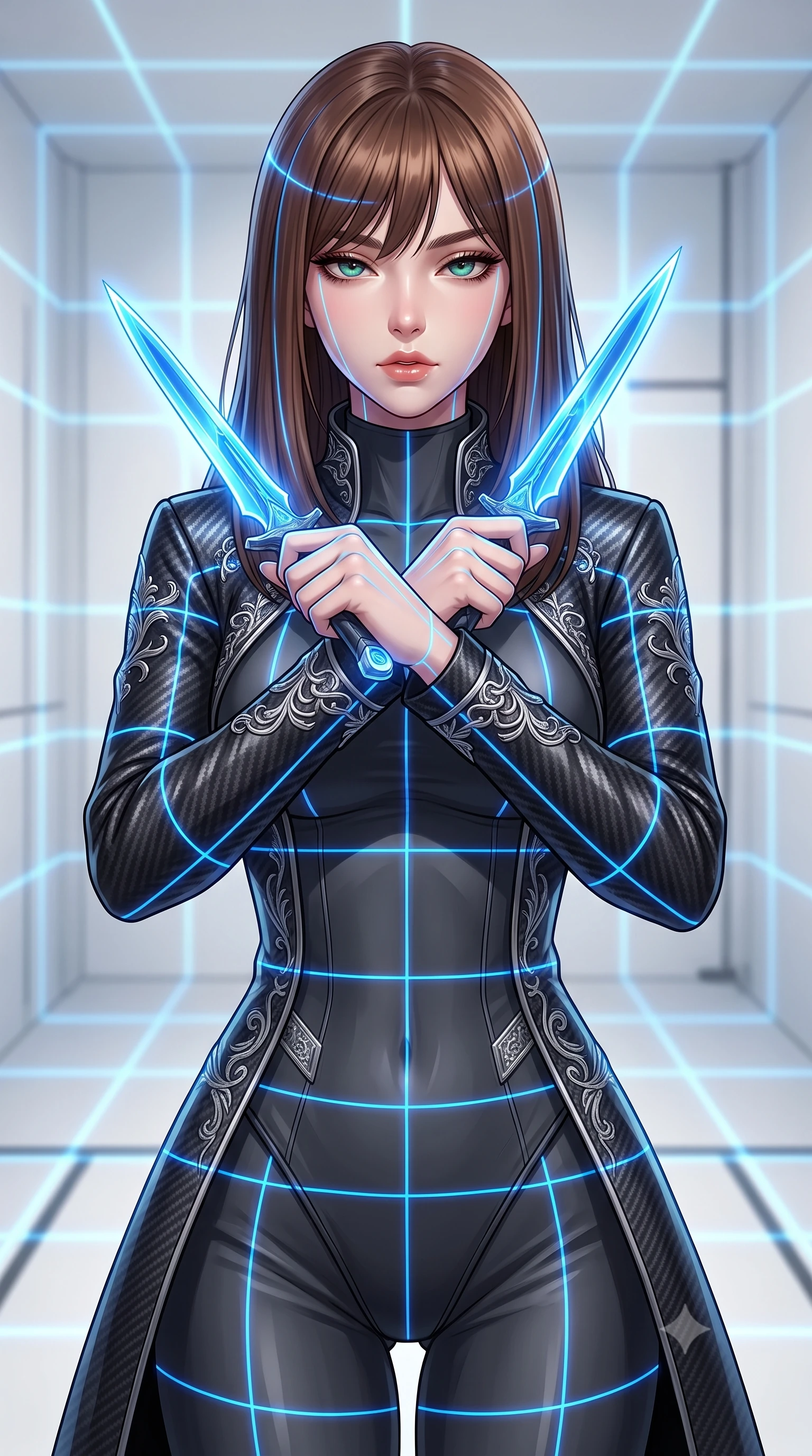 score_9, masterpiece, best quality, ultra-detailed, high-budget anime keyframe, editorial fashion photography, tasteful artistic composition, Korean woman. close-up cowboy shot from the waist and thighs up, the character dominates the composition, filling the frame with her large presence, background elements kept in soft focus. holding two energy daggers crossed in front of her elegant collarbone, casting a heavy-lidded, sultry look, the background shows a soft-focus a target calibration bay with grids of laser lines projected on white walls. She has an exceptionally elegant, slender, and willowy female figure with an ultra-slim waist, a gracefully sculpted slender torso, and a refined silhouette. sharp v-shaped jawline, high-bridge nose, intricate jewel-like eyes with depth, thick eyelashes, glossy lips with a natural sheen. wearing a form-contouring carbon-fiber combat coat with silver embroidery, worn over a protective high-collar charcoal jumpsuit. focused blue laser lines tracing her form with precision, casting gridlines. highly saturated vibrant anime colors, detailed shading with soft gradients, rich glossy textures, high-contrast stereoscopic depth, volumetric dynamic lighting, master piece, 9:16 ratio
