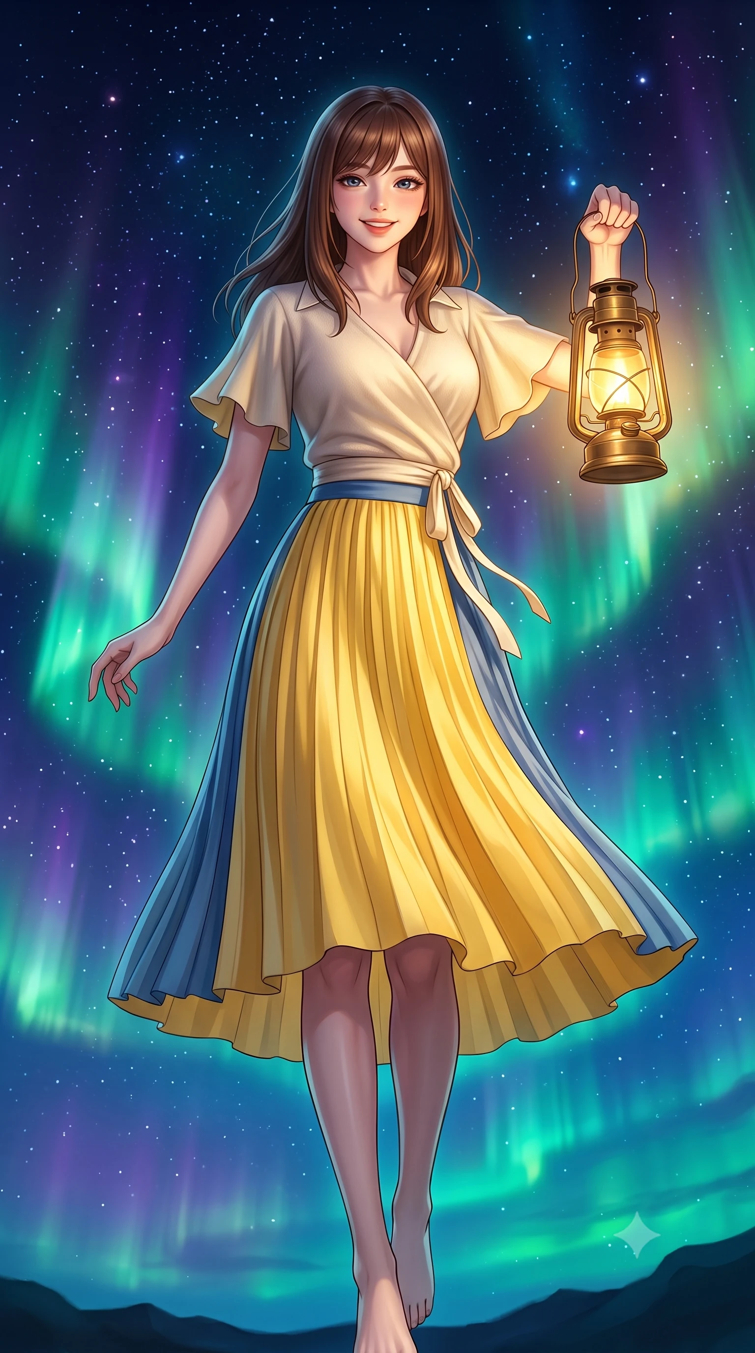 score_9, masterpiece, best quality, ultra-detailed, high-budget anime keyframe, semi-realistic 3D game render, editorial fashion photography, tasteful artistic composition, Korean woman. low angle full-body shot from head to toe showing her feet, filling the entire 9:16 vertical frame with her statuesque presence, stretching her vertical silhouette. pivoting dynamically with a fresh infectious smile, her ultra-slim waist and long slender legs creating a fluid graceful line while holding a vintage brass camping lantern that casts a warm, golden glow across her sweet, radiant face. The surrounding environment is rendered in vivid detail and crisp panoramic clarity. transcendent nocturnal chiaroscuro and vast cosmic wilderness beauty captured with celestial sharpness. She has an absolutely perfect, statuesque 8.5-heads proportion, an exceptionally tall and slender model-like female figure with impossibly long slender legs, a toned flat midriff, and an ultra-slim waist. sharp v-shaped jawline, high-bridge nose, intricate jewel-like eyes with depth, thick eyelashes, glossy lips with a natural sheen, pure and lovely fresh girlhood expression, flawlessly proportioned anatomical accuracy, strict slender model proportions, natural body alignment, perfectly sculpted long slender limbs, ultra-slim waistline, clean dynamic posture without body distortion. wearing an elegant soft cashmere wrap sweater paired with a flowing pleated satin midi skirt in sunny daffodil yellow and french blue, made of comfortable premium stretch denim and airy cotton-jersey, featuring elegant flutter sleeves and a graceful open collar, the relaxed yet flattering fit accentuating her naturally graceful and slender figure, highlighting her youthful charm and lovely silhouette. bathed in dancing emerald and violet aurora glow combined with warm golden brass lantern uplights. highly saturated vibrant anime colors, detailed shading with soft gradients, rich glossy textures, high-contrast stereoscopic depth, volumetric dynamic lighting, master piece, 9:16 ratio