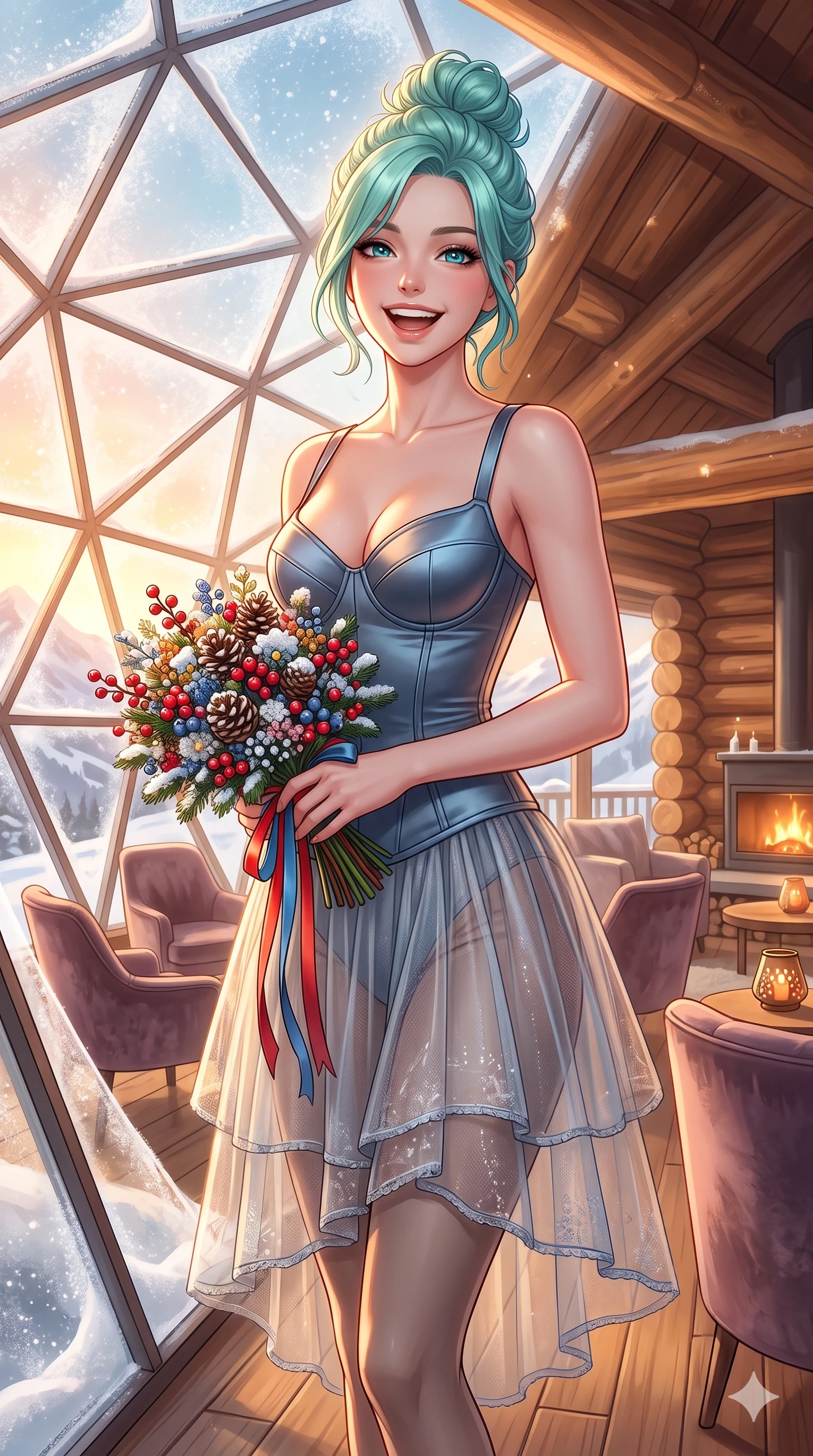 score_9, masterpiece, best quality, ultra-detailed, high-budget anime keyframe, vibrant anime aesthetic, Japanese woman. cowboy shot from the thighs up, character and outfit filling the frame for maximum presence. She is posing with a cheerful winter laugh while holding a colorful winter bouquet inside a ski clubhouse lounge in the winter sun (Code-P21-159). She has an absolutely perfect 8-heads proportion, an exceptionally tall and slender female figure with impossibly long slender legs and an ultra-slim waist. V-shaped jawline, high-bridge nose, intricate jewel-like eyes with depth, thick eyelashes, glossy lips with a natural sheen. wearing a structured satin corset showing her cleavage and a sheer skirt in winter. She is warm glowing resort light filtering through the glass dome in snow, outlining her features. 2k, ultra detail, master piece, 9:16 ratio