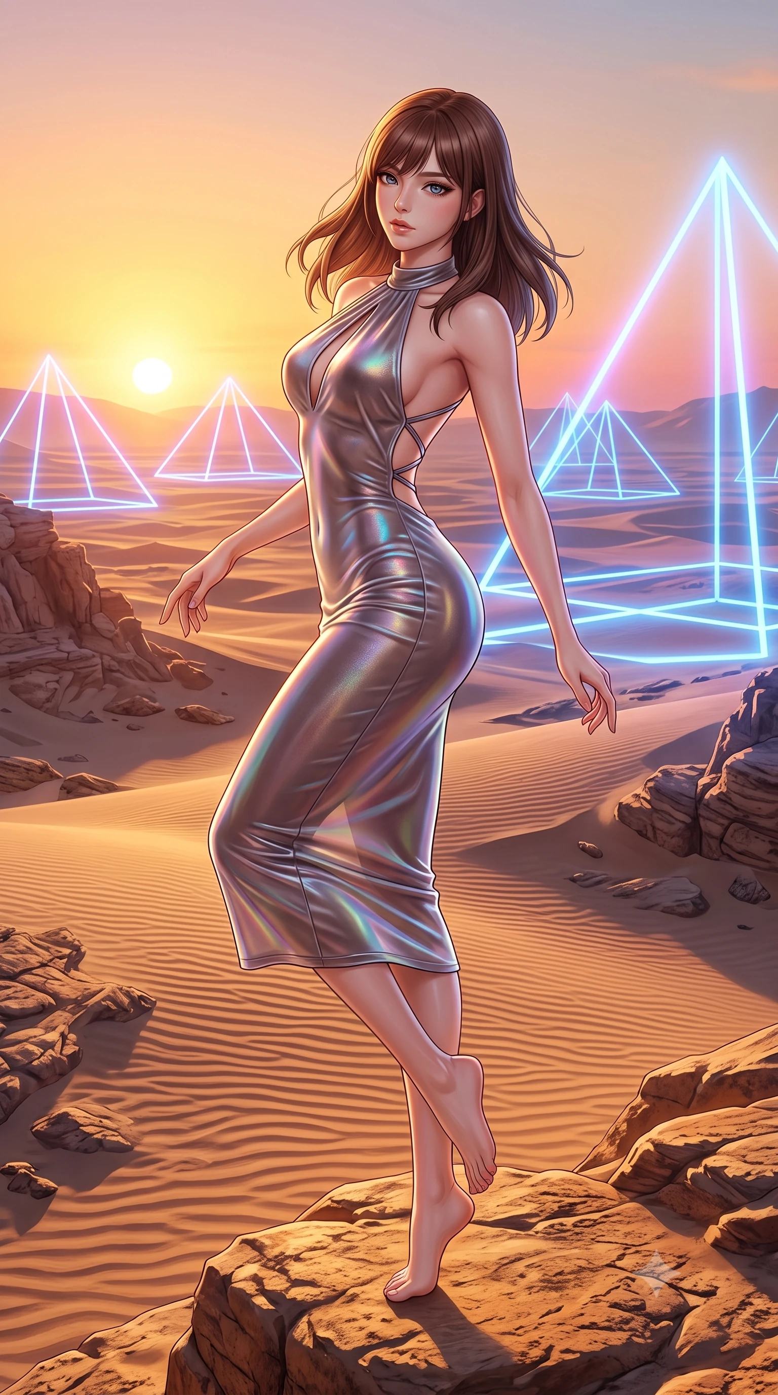 score_9, masterpiece, best quality, ultra-detailed, high-budget anime keyframe, semi-realistic 3D game render, editorial fashion photography, tasteful artistic composition, Korean woman. low angle full-body shot from head to toe showing her feet, filling the entire 9:16 vertical frame with her statuesque presence, stretching her vertical silhouette. arching her back in a fluid zero-gravity turn with sovereign grace, her long slender legs and sculpted torso creating a sweeping line while pivoting dynamically on sun-baked desert rock overlooking a vast alien cyber-wasteland at sunset. The surrounding environment is rendered in vivid detail and crisp panoramic clarity. crisp neon pyramid lattice lines, detailed wind-swept sand dune ripples, and alien rock textures in deep focus. She has an absolutely perfect, statuesque 8.5-heads proportion, an exceptionally tall and slender model-like female figure with impossibly long slender legs and an ultra-slim waist. sharp v-shaped jawline, high-bridge nose, intricate jewel-like eyes with depth, thick eyelashes, glossy lips with a natural sheen, flawlessly proportioned anatomical accuracy, natural body alignment, perfectly sculpted elegant limbs, clean dynamic posture without body distortion. wearing a velvet halter-neck midi dress fitting her statuesque contour flawlessly with a Tasteful chest slit and open spine in translucent smoky quartz and iridescent holographic sheen, made of liquid metal jersey that clings flawlessly to every contour of her build, complemented by criss-cross back straps highlighting her completely bare spine, the sleek aerodynamic cut emphasizing her magnetic presence and alluring physical grace. bathed in blazing golden-amber sunset radiance and glowing electric blue neon pyramid backlighting. highly saturated vibrant anime colors, detailed shading with soft gradients, rich glossy textures, high-contrast stereoscopic depth, volumetric dynamic lighting, master piece, 9:16 ratio