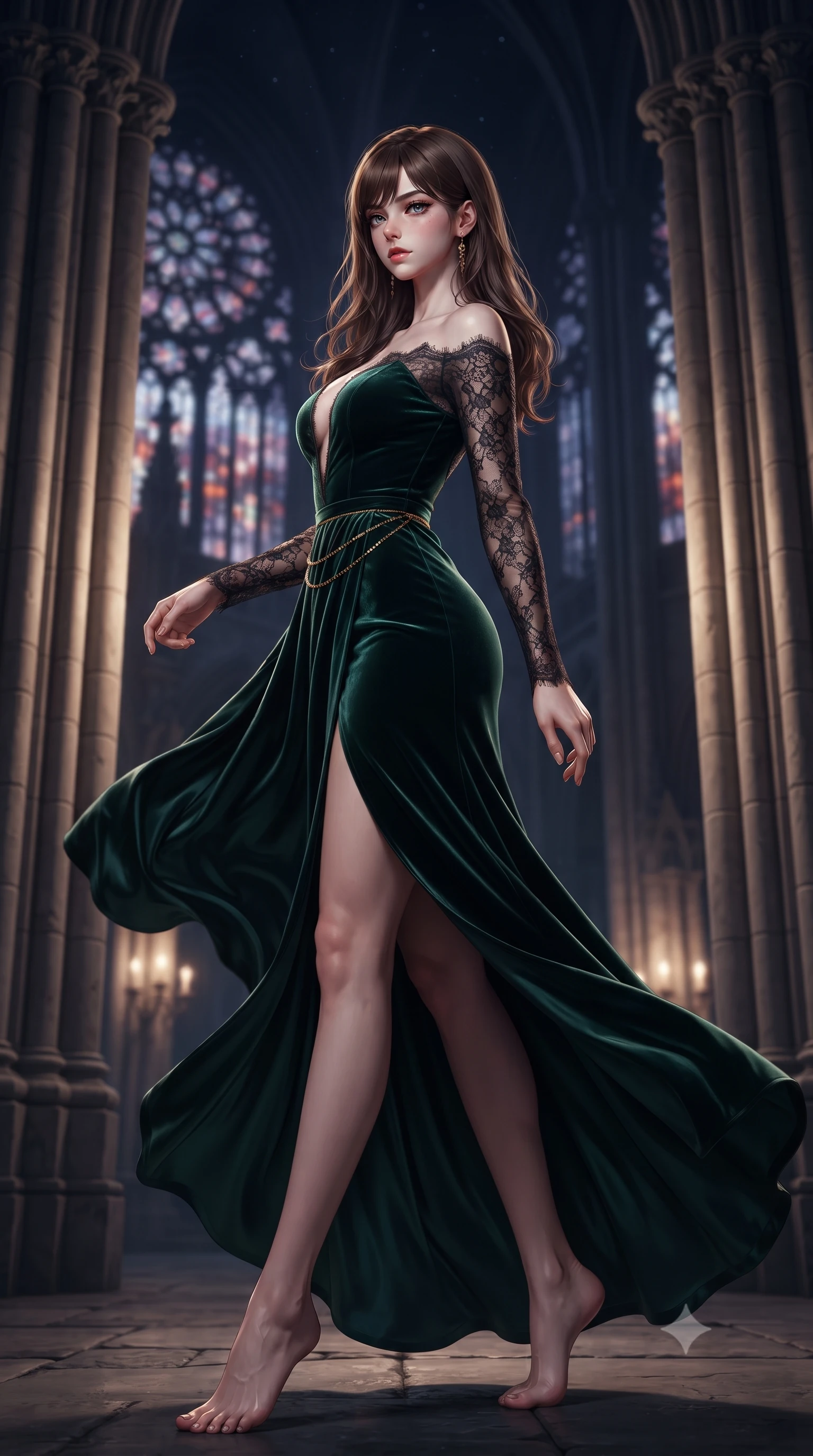 score_9, masterpiece, best quality, ultra-detailed, high-budget anime keyframe, editorial fashion photography, tasteful artistic composition, Korean woman. low angle full-body shot from head to toe showing her feet, filling the entire 9:16 vertical frame with her statuesque presence, stretching her vertical silhouette. executing an elegant mid-motion turn as garments swirl around her slender limbs, glancing over her shoulder with smoldering allure while standing poised between towering fluted stone columns, eyes glowing with hypnotic intensity under the velvet night sky. The composition keeps background elements in soft focus with creamy bokeh. colossal gothic rose windows and distant flying buttresses blurred into blood-orange, violet, and obsidian bokeh. She has an absolutely perfect, statuesque 8.5-heads proportion, an exceptionally tall and slender model-like female figure with impossibly long slender legs, a toned flat midriff, and an ultra-slim waist. sharp v-shaped jawline, high-bridge nose, intricate jewel-like eyes with depth, thick eyelashes, glossy parted lips with a natural sheen, intensely captivating and seductive expression, flawlessly proportioned anatomical accuracy, strict slender model proportions, natural body alignment, perfectly sculpted long slender limbs, ultra-slim waistline, clean dynamic posture without body distortion. wearing a dark romantic lace-sleeved evening gown with a plunging neckline and bare shoulders in antique emerald velvet and gold filigree, tailored from ultra-smooth duchess satin with a pearlescent sheen, complemented by a delicate gold waist chain framing her ultra-slim silhouette, the form-contouring material adhering flawlessly to her sculpted flat midriff and slender torso, emphasizing her long leg lines and perfectly proportioned willowy build. illuminated by crisp specular highlights defining her sculpted jawline, bare spine, and long limbs. ultra-reflective glossy finish, specular highlights, rich textural contrasts, high-contrast stereoscopic depth, volumetric dynamic lighting, 2k, ultra detail, master piece, 9:16 ratio
