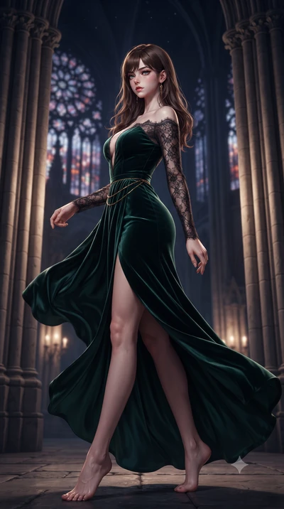 score_9, masterpiece, best quality, ultra-detailed, high-budget anime keyframe, editorial fashion photography, tasteful artistic composition, Korean woman. low angle full-body shot from head to toe showing her feet, filling the entire 9:16 vertical f