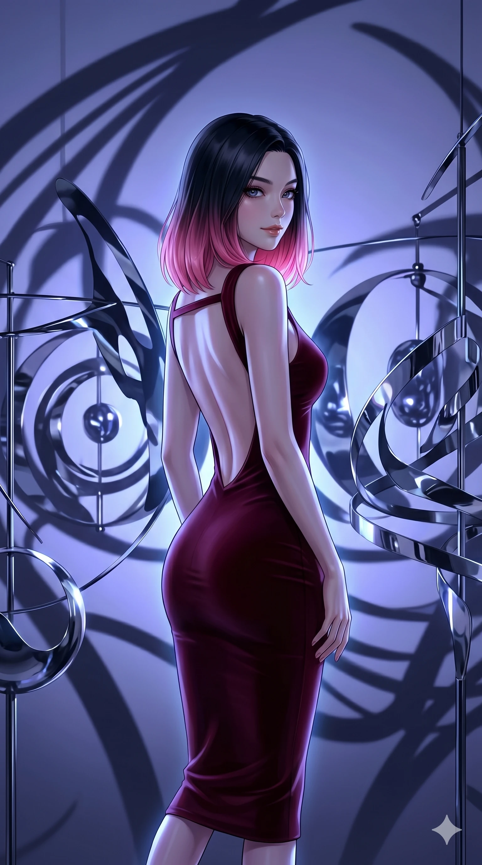 score_9, masterpiece, best quality, ultra-detailed, high-budget anime keyframe, editorial fashion photography, tasteful artistic composition, Korean woman. cowboy shot from the thighs up, character and outfit filling the frame for maximum editorial presence. Glancing sidelong over her shoulder with a smoldering half-smile inside a kinetic sculpture garden of enormous chrome mobiles casting long sweeping shadows. She has an absolutely perfect 8-heads proportion, an exceptionally tall and slender female figure with impossibly long slender legs and an ultra-slim waist. V-shaped jawline, high-bridge nose, intricate jewel-like eyes with depth, thick eyelashes, glossy lips with a natural sheen. wearing a deep burgundy bodycon midi dress with a modest front neckline and a dramatically plunging open back held by a single elegant strap, the fitted fabric contouring every curve of her slender body. bathed in cool ethereal blue-violet bioluminescent glow that highlights her form from all sides. 2k, ultra detail, master piece, 9:16 ratio