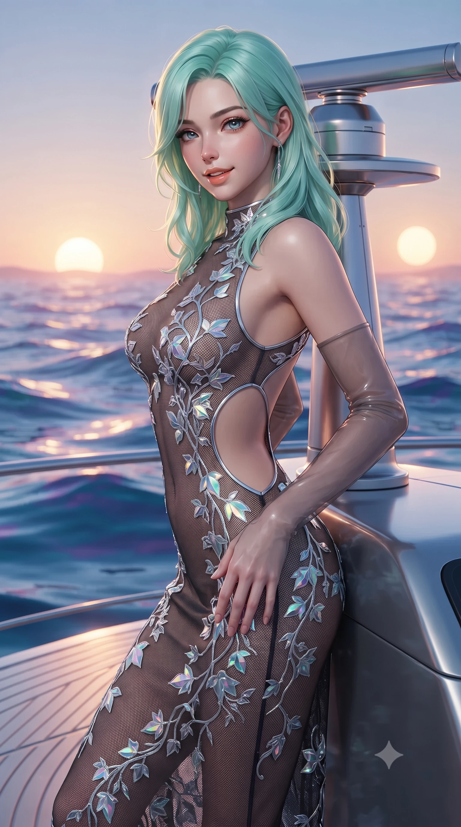 score_9, masterpiece, best quality, ultra-detailed, high-budget anime keyframe, editorial fashion photography, tasteful artistic composition, Japanese woman. close-up cowboy shot from the waist and thighs up, the character dominates the composition, filling the frame with her large presence. tilting her head with a teasing half-smile, running one hand slowly down the side of her hip in a flirtatious S-curve as ambient light caresses her silhouette while leaning against the nautical radar pylon with hips cocked back, gazing out across undulating chromatic waves under twin setting suns with heavy-lidded bedroom-eyes. The surrounding environment is rendered in vivid detail and crisp panoramic clarity: detailed haute-couture texture, wet-look liquid fabric drape, and sleek aerodynamic pontoon architecture in razor-sharp precision. She has an exceptionally elegant, slender, and willowy female figure with an ultra-slim waist, flat toned midriff, narrow ribcage, and sculpted feminine hips creating an alluring, slim hourglass silhouette without bulk. sharp v-shaped jawline, high-bridge nose, intricate jewel-like sparkling eyes with depth, thick eyelashes, glossy parted lips with a natural peach sheen, bright cheerful beaming smile with an enchanting and coquettish sensual glint, exuding both youthful cute charm and seductive allure, flawlessly proportioned anatomical accuracy, strict slender model proportions, natural body alignment, perfectly sculpted long slender limbs, ultra-slim waistline, clean dynamic posture without body distortion. wearing a provocative sheer noir illusion mesh cocktail dress with embroidered climbing metallic ivy contouring her curves in holographic prismatic pearl and titanium white, woven from buttery-soft stretch lambskin leather adhering to her body like a second skin, complemented by sheer opera-length evening gloves tracing her slender arms, the precision-cut side openings and low-back scoop framing her graceful spine and the sensual sweep of her slim, toned hips. illuminated by chromatic liquid ocean reflection bounce and sharp rose-gold rim lights sculpting her razor-sharp jawline, narrow waist, and curvy hips. ultra-reflective glossy finish, specular highlights, rich textural contrasts, high-contrast stereoscopic depth, volumetric dynamic lighting, 2k, ultra detail, master piece, 9:16 ratio