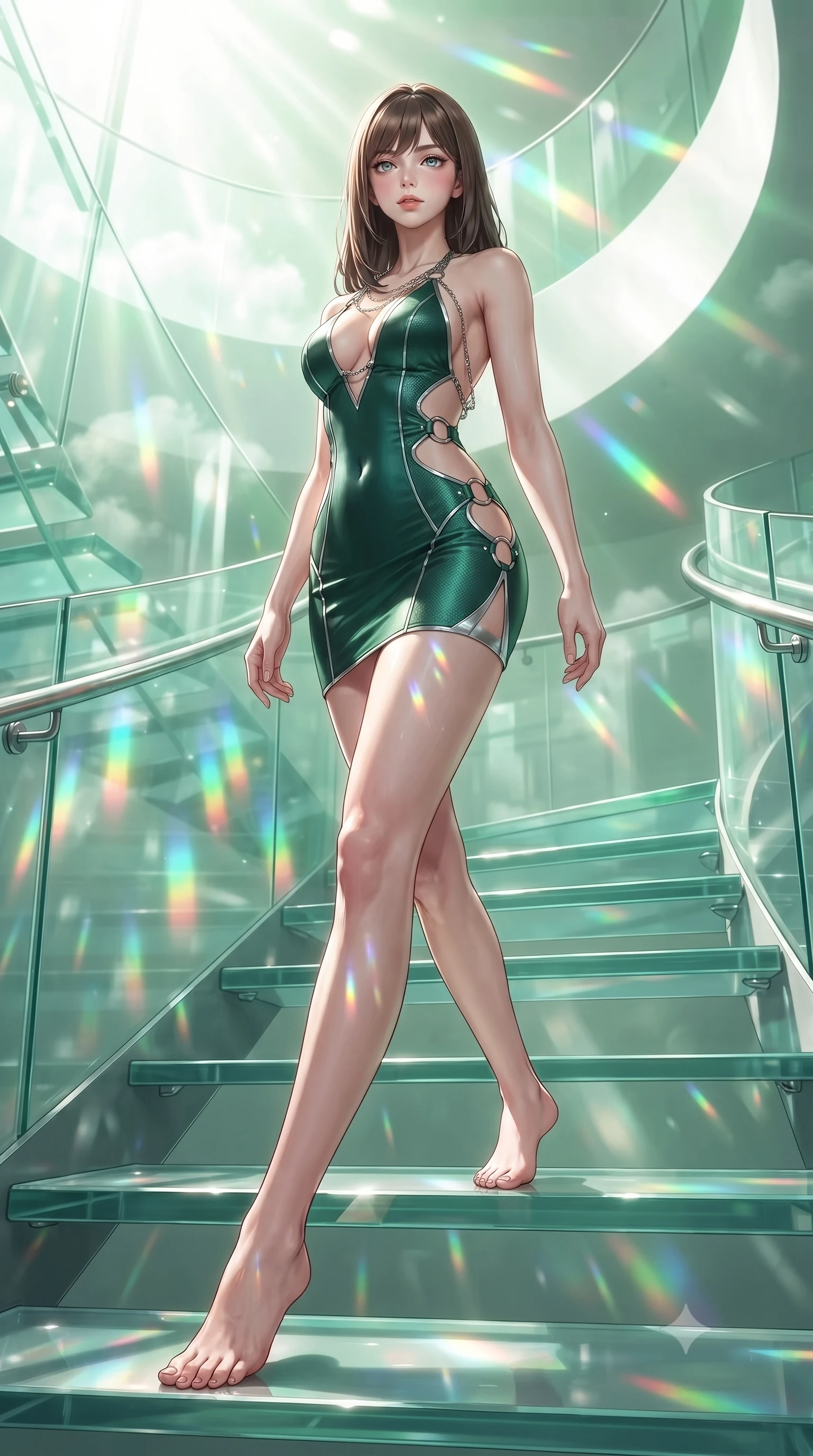 score_9, masterpiece, best quality, ultra-detailed, high-budget anime keyframe, editorial fashion photography, tasteful artistic composition, Korean woman. low angle full-body shot from head to toe showing her feet, filling the entire 9:16 vertical frame with her statuesque presence, stretching her vertical silhouette. forging dynamically through the scene, her vertical silhouette beautifully stretched ascending a vertical spiral glass staircase enveloped by tropical sunbeams, steam clouds refracting sunlight into brilliant rainbow prisms. She has an absolutely perfect, statuesque 8.5-heads proportion, an exceptionally tall and slender model-like female figure with impossibly long slender legs and an ultra-slim waist. sharp v-shaped jawline, high-bridge nose, intricate jewel-like eyes with depth, thick eyelashes, glossy lips with a natural sheen. wearing a deep-scoop halter bodycon dress with hip cutouts connected by silver rings in deep emerald green and silver accent, made of fine carbon-fiber weave and soft matte leather, adorned with delicate metallic chain straps along the neckline, the sleek second-skin texture accentuating her magnetic presence. surrounded by a bright, airy ambiance with radiant white and green highlights. ultra-reflective glossy finish, specular highlights, metallic sheen, high-contrast stereoscopic depth, volumetric dynamic lighting, 2k, ultra detail, master piece, 9:16 ratio