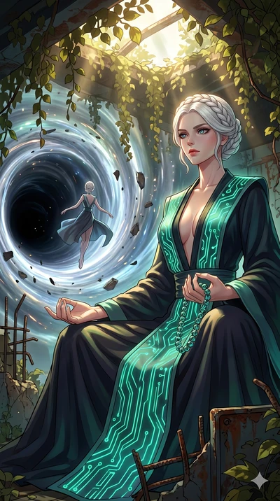 score_9, masterpiece, best quality, ultra-detailed, Set A: High-budget Anime Keyframe, Japanese woman. Low angle cowboy shot filling the entire 9:16 frame with her statuesque presence. Theme: Urban Decay. meditating in the edge of a black hole, as he