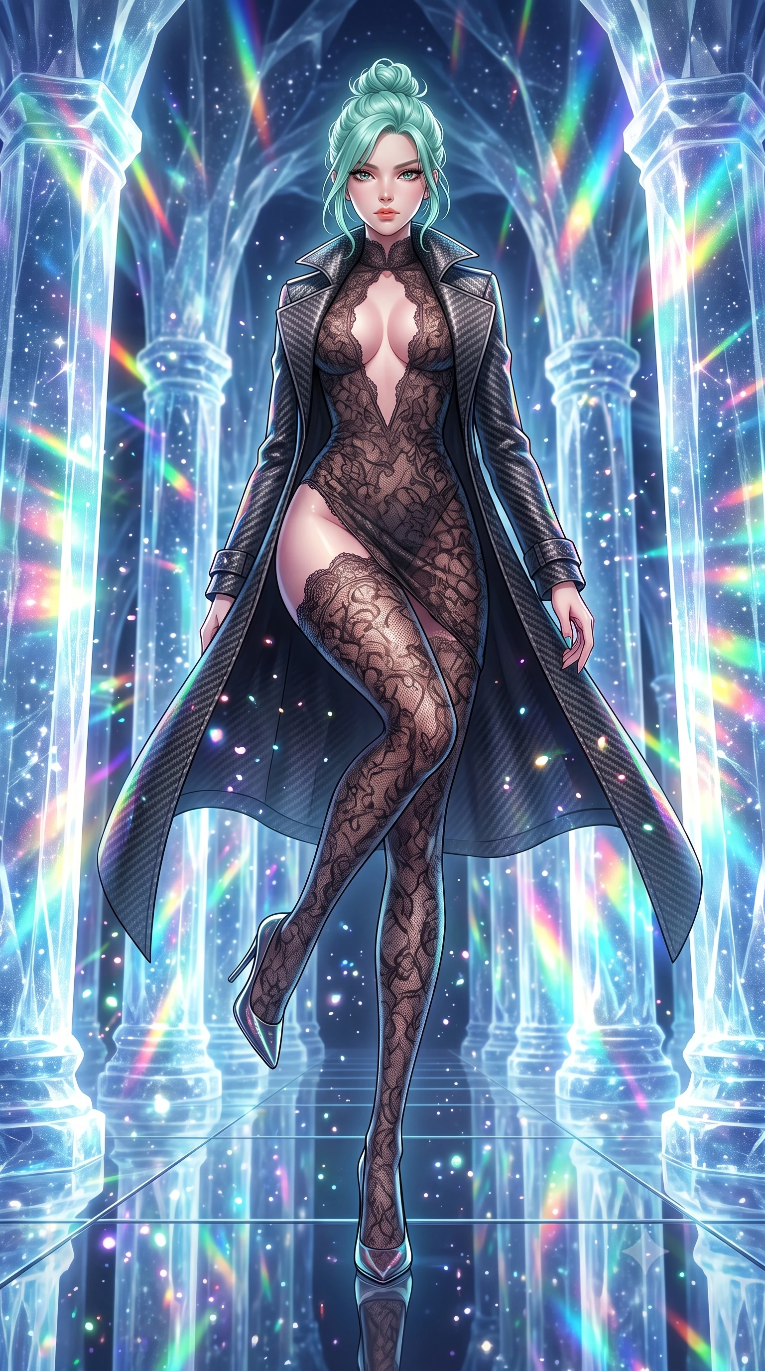 score_9, masterpiece, best quality, ultra-detailed, high-budget anime keyframe, editorial fashion photography, tasteful artistic composition, Japanese woman. low angle full-body shot from head to toe showing her feet, filling the entire 9:16 vertical frame with her statuesque presence, stretching her vertical silhouette. stepping gracefully through floating stardust particles, her body-contouring suit showing her athletic, slender silhouette, the background shows a soft-focus a cave column corridor reflecting starlight like a giant mirror maze. She has an absolutely perfect, statuesque 8.5-heads proportion, an exceptionally tall and slender model-like female figure with impossibly long slender legs and an ultra-slim waist. sharp v-shaped jawline, high-bridge nose, intricate jewel-like eyes with depth, thick eyelashes, glossy lips with a natural sheen. wearing a body-hugging semi-opaque dark lace dress with a plunging neckline and high-cut leg line, layered with a carbon trench coat. dazzling rainbow prismatic light refracting through ice crystal pillars. highly saturated vibrant anime colors, detailed shading with soft gradients, rich glossy textures, high-contrast stereoscopic depth, volumetric dynamic lighting, master piece, 9:16 ratio