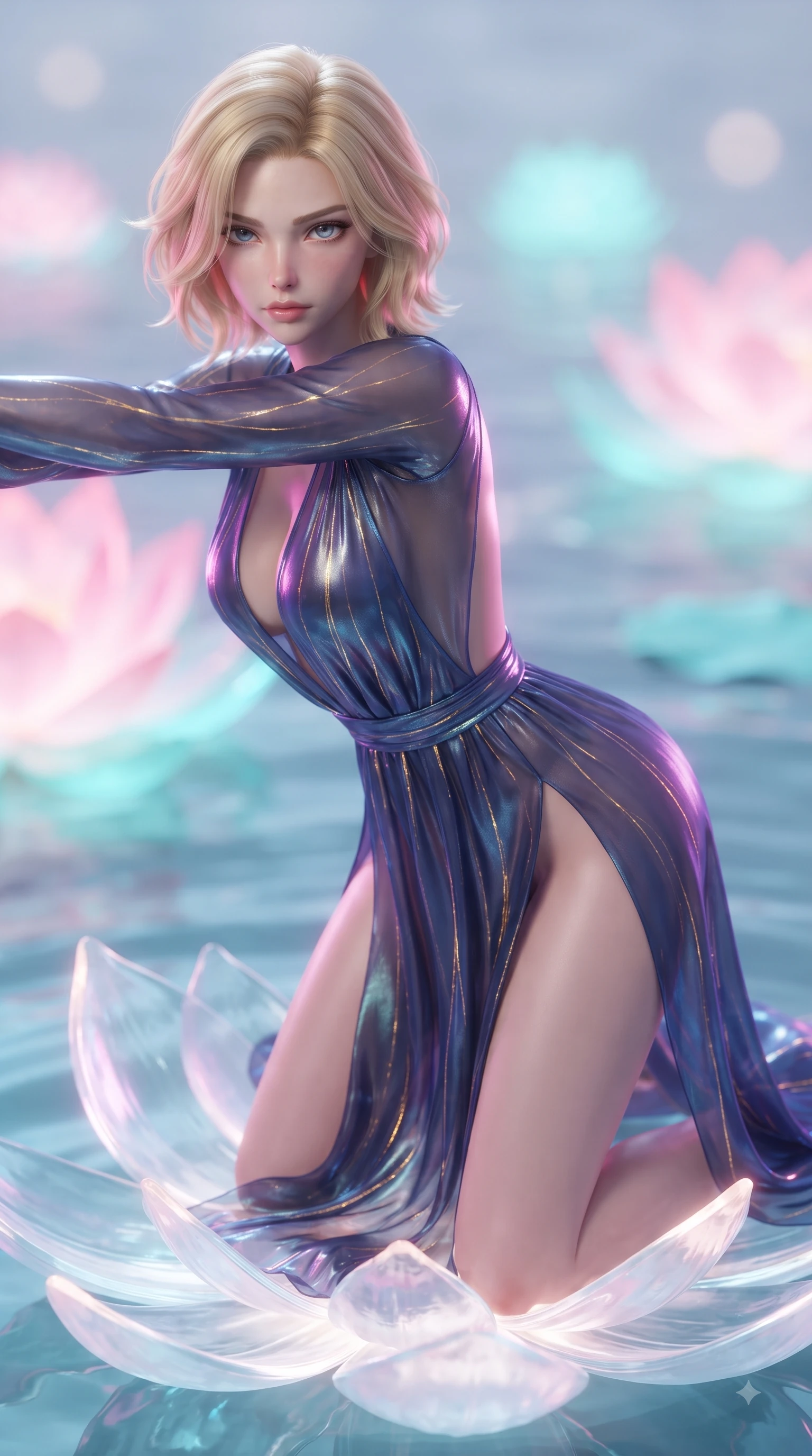 score_9, masterpiece, best quality, ultra-detailed, high-budget anime keyframe, editorial fashion photography, tasteful artistic composition, Caucasian woman. close-up cowboy shot from the waist and thighs up, the character dominates the composition, filling the frame with her large presence. gazing directly into the lens with bedroom eyes and a breathtaking, dangerous allure that commands the entire composition while stretching forward with an alluring arch of her spine on an illuminated glass lotus petal. The composition keeps background elements in soft focus with creamy bokeh. glowing lotus petals and calm tech-temple water ripples blurred into smooth pink and cyan bokeh. She has an exceptionally elegant, slender, and willowy female figure with an ultra-slim waist, a gracefully sculpted slender torso, and a refined silhouette. sharp v-shaped jawline, high-bridge nose, intricate jewel-like eyes with depth, thick eyelashes, glossy lips with a natural sheen, flawlessly proportioned anatomical accuracy, natural body alignment, perfectly sculpted elegant limbs, clean dynamic posture without body distortion. wearing a translucent iridescent chiffon gown with a plunging neckline, high dual thigh slits, and an open back in midnight sapphire blue and glowing gold filaments, made of smooth iridescent silk chiffon that shifts colors with movement, finished with an ultra-high side slit secured by miniature magnetic clasps, the glove-like fit tightly following every curve of her statuesque athletic build. illuminated by soft glowing white ambient lights and sharp pink side key lights tracing her neck and waist. ultra-reflective glossy finish, specular highlights, metallic sheen, high-contrast stereoscopic depth, volumetric dynamic lighting, 2k, ultra detail, master piece, 9:16 ratio