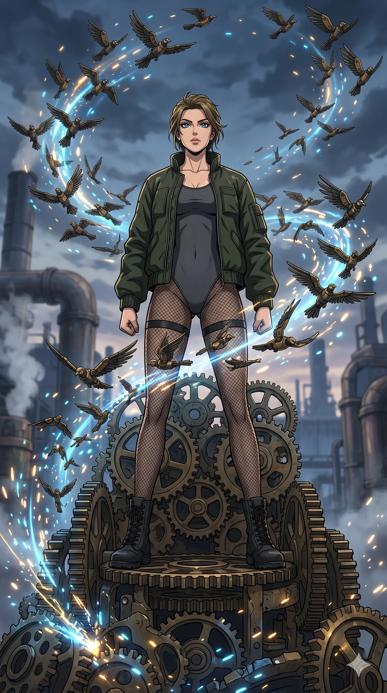 score_9, masterpiece, best quality, ultra-detailed, Set A: High-budget Anime Keyframe, Caucasian (strictly human ears) woman. Low angle cowboy shot filling the entire 9:16 frame with her statuesque presence. Standing victoriously through a throne of gears, surrounded by a whirlwind of 292 mechanical birds and surrounded by glowing energy sparks. She has an absolutely perfect 8-heads proportion, an exceptionally tall and slender female figure with impossibly long slender legs and an ultra-slim waist. Sharp v-shaped jawline, high-bridge nose, intricate jewel-like eyes with depth, thick eyelashes, glossy lips with a natural sheen. Wearing Heavy tactical bomber jacket worn over a micro-bodysuit with mesh stockings. Cinematic lighting, vibrant colors, dramatic shadows, 2k, ultra detail, master piece, 9:16 ratio