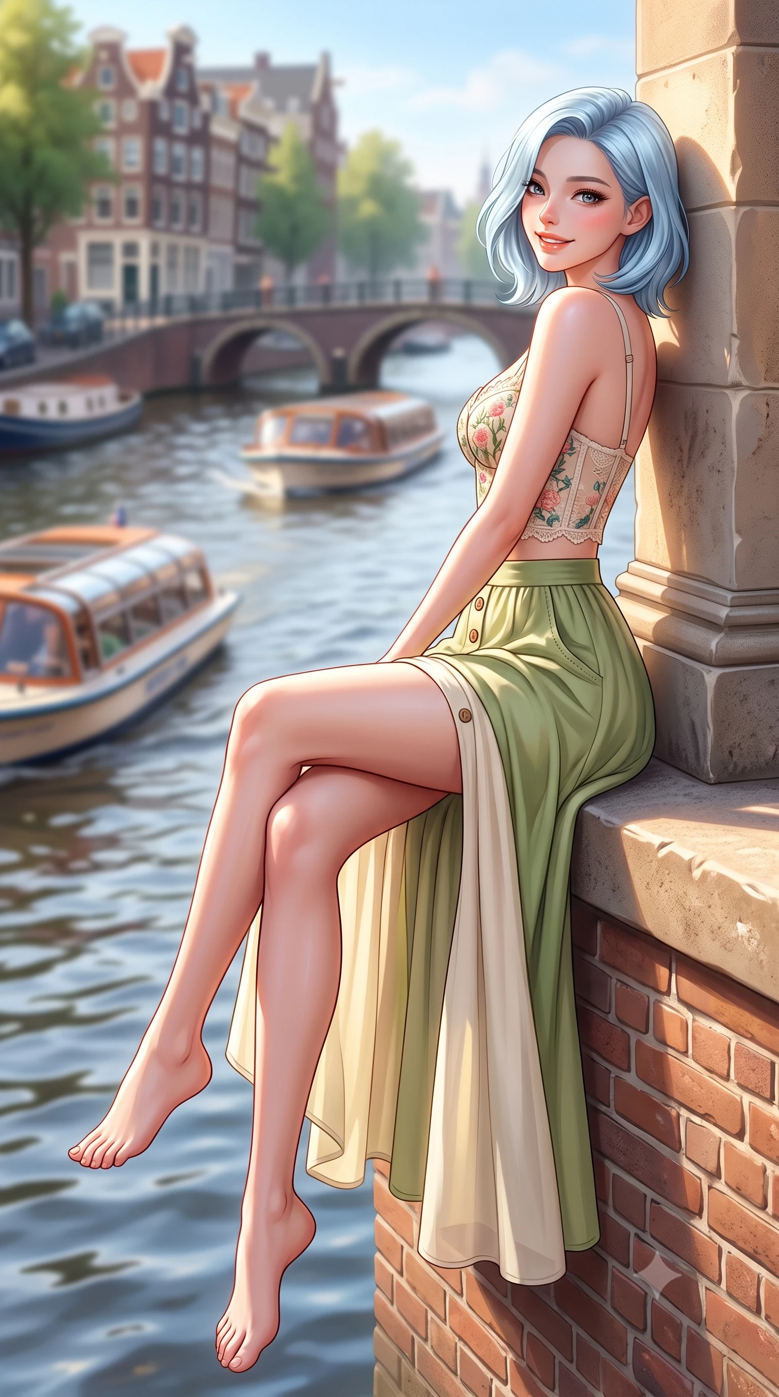 score_9, masterpiece, best quality, ultra-detailed, high-budget anime keyframe, semi-realistic 3D game render, editorial fashion photography, tasteful artistic composition, Korean woman. low angle full-body shot from head to toe showing her feet, filling the entire 9:16 vertical frame with her statuesque presence, stretching her vertical silhouette. leaning deep against the sunlit architecture with hips cocked back in a cute yet unapologetically alluring high-fashion stance, flashing a warm beaming smile while sitting on the warm brick bridge ledge with legs crossed, looking over her shoulder with an alluring, playful girlhood charm. The composition keeps background elements in soft focus with dreamy creamy bokeh. rippling canal waters and passing tour boats softened in charming Dutch shallow focus. She has an exceptionally tall and slender model-like 8.5-heads proportion, an ultra-slim waist, a flat toned midriff, narrow delicate ribcage, and beautifully sculpted feminine hips creating a graceful, slim hourglass silhouette without any bulky heaviness, with impossibly long slender legs. sharp v-shaped jawline, high-bridge nose, intricate jewel-like sparkling eyes with depth, thick eyelashes, glossy parted lips with a natural peach sheen, bright cheerful beaming smile with an enchanting and coquettish sensual glint, exuding both youthful cute charm and seductive allure, flawlessly proportioned anatomical accuracy, strict slender model proportions, natural body alignment, perfectly sculpted long slender limbs, ultra-slim waistline, clean dynamic posture without body distortion. wearing a delicate floral embroidery bustier top paired with a flowy high-slit chiffon maxi skirt with a side hip opening in matcha green and warm ivory, crafted from soft breathable linen with effortless natural drape, finished with neat front wooden buttons and delicate pocket details, the glove-like silhouette tightly following the natural contour of her hips and long slender legs with youthful 8.5-heads elegance. bathed in crisp, sparkling morning sunlight reflecting off calm canal waters. highly saturated vibrant anime colors, detailed shading with soft gradients, rich glossy textures, high-contrast stereoscopic depth, volumetric dynamic lighting, master piece, 9:16 ratio