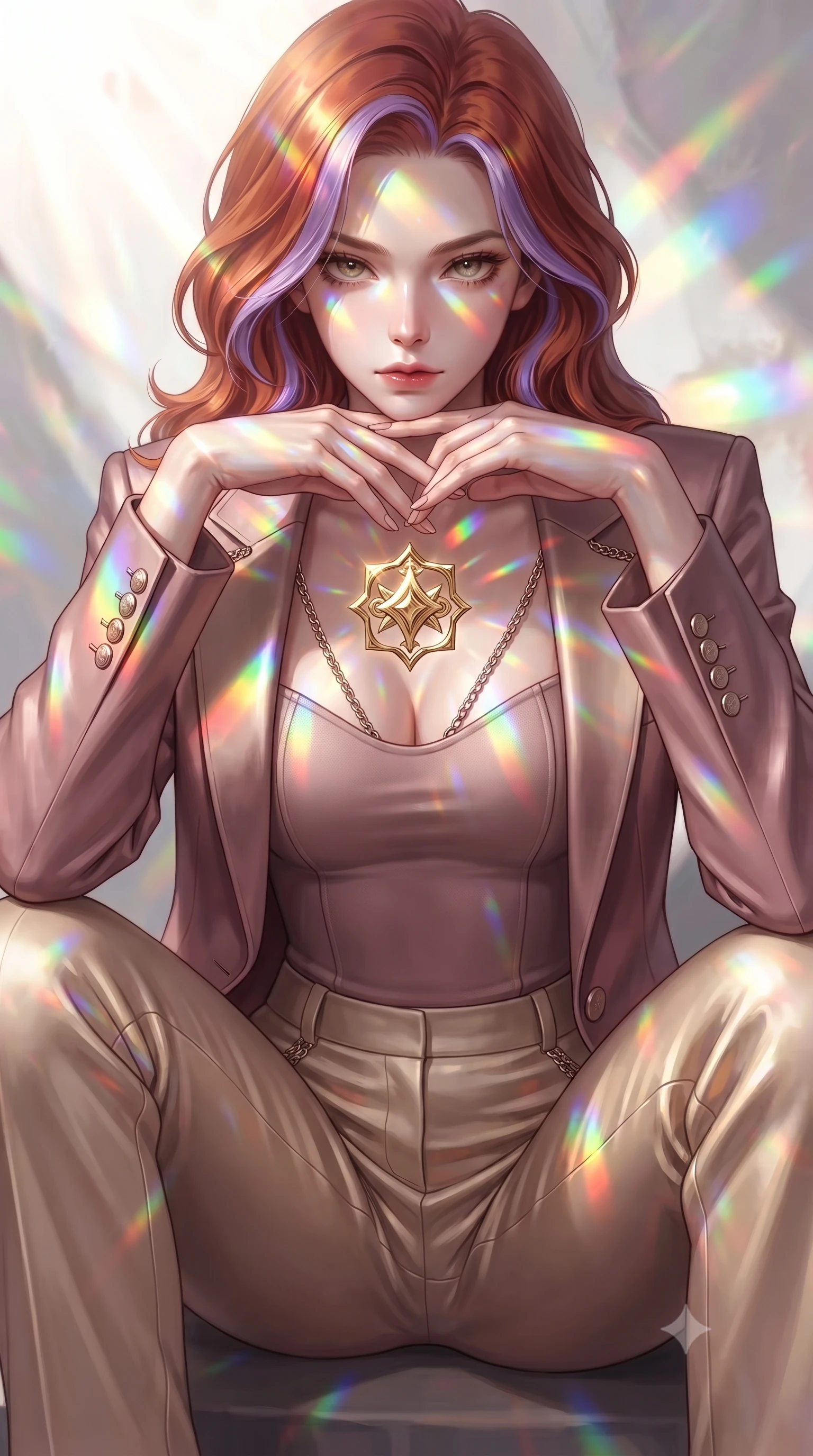 score_9, masterpiece, best quality, ultra-detailed, high-budget anime keyframe, editorial fashion photography, tasteful artistic composition, Caucasian woman. close-up cowboy shot from the waist and thighs up, the character dominates the composition, filling the frame with her large presence, background elements kept in soft focus. Resting her chin on the backs of her fingers, casting a sharp, mysterious gaze touching a floating golden icon surrounded by kaleidoscope light rays, vibrant rainbow light patterns projected across her skin and costume. She has an exceptionally elegant, slender, and willowy female figure with an ultra-slim waist, a gracefully sculpted slender torso, and a refined silhouette. sharp v-shaped jawline, high-bridge nose, intricate jewel-like eyes with depth, thick eyelashes, glossy lips with a natural sheen. wearing a tailored silk blazer over a form-contouring top and fitted slacks in dusty rose and champagne gold, formed from sleek second-skin neoprene, adorned with delicate metallic chain straps along the neckline, the elegant draped fit framing her graceful clavicle and slender torso. lit by bright sunbursts creating vivid, saturated color projections. ultra-reflective glossy finish, specular highlights, metallic sheen, high-contrast stereoscopic depth, volumetric dynamic lighting, 2k, ultra detail, master piece, 9:16 ratio