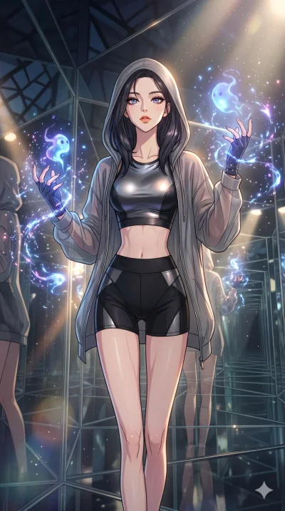 score_9, masterpiece, best quality, ultra-detailed, high-budget anime movie keyframe, cinematic anime lighting, intricate line art, Korean anime girl. Upper body filling screen focusing on her alluring features and slim-fit silhouette. summoning myst