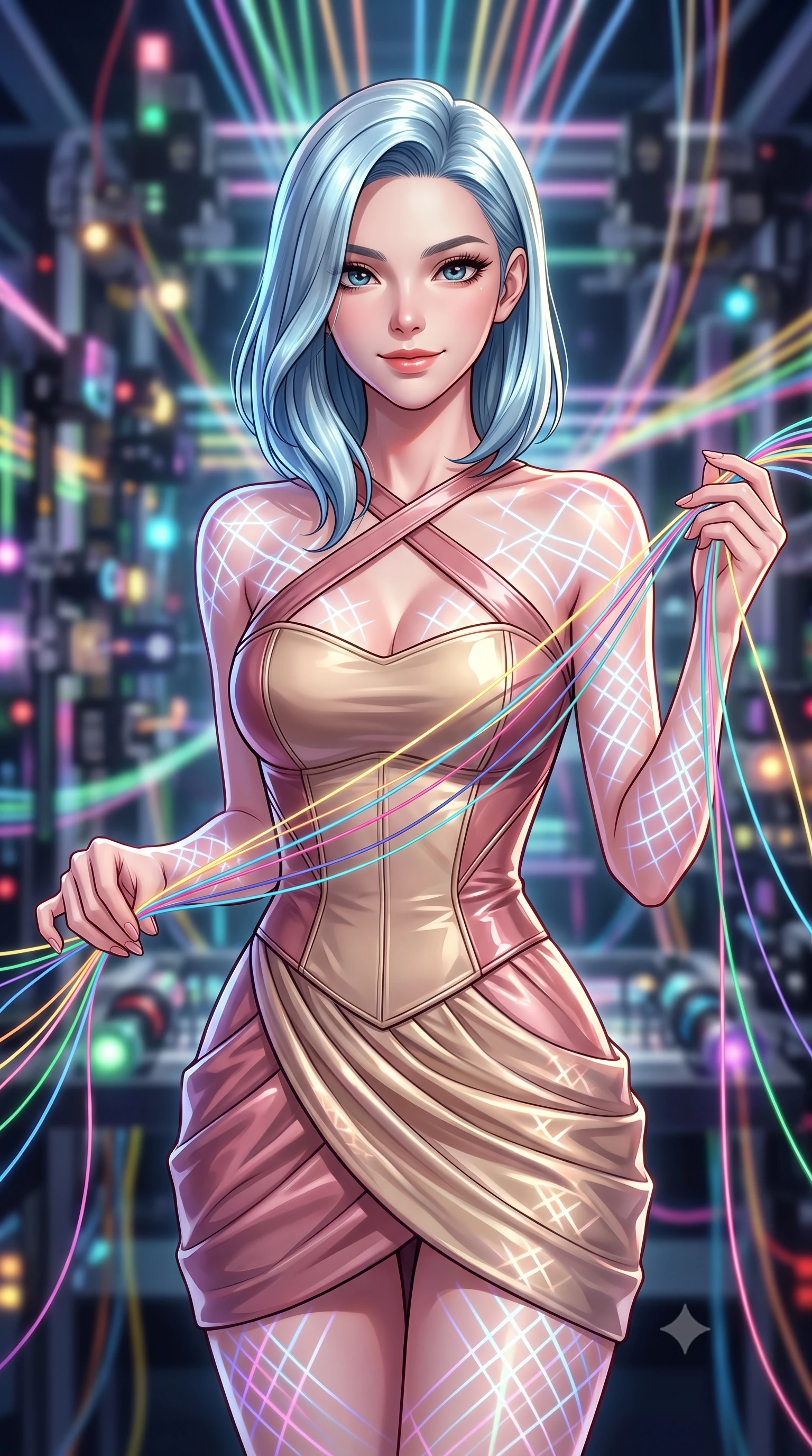 score_9, masterpiece, best quality, ultra-detailed, high-budget anime keyframe, editorial fashion photography, tasteful artistic composition, Korean woman. close-up cowboy shot from the waist and thighs up, the character dominates the composition, filling the frame with her large presence, background elements kept in soft focus. Smiling with quiet, magnetic self-assurance directly into the lens threading fluorescent fiber optic lines on a massive 3D light loom, intricate geometric lattice patterns of light projected onto her skin. She has an exceptionally elegant, slender, and willowy female figure with an ultra-slim waist, a gracefully sculpted slender torso, and a refined silhouette. sharp v-shaped jawline, high-bridge nose, intricate jewel-like eyes with depth, thick eyelashes, glossy lips with a natural sheen. wearing a modern fusion silk hanbok dress with a structured bodice in dusty rose and champagne gold, tailored from high-gloss patent leather, complemented by criss-cross back straps highlighting her bare shoulders, the elegant draped fit framing her graceful clavicle and slender torso. bathed in sharp geometric laser grid highlights and soft ambient fill. highly saturated vibrant anime colors, detailed shading with soft gradients, rich glossy textures, high-contrast stereoscopic depth, volumetric dynamic lighting, master piece, 9:16 ratio