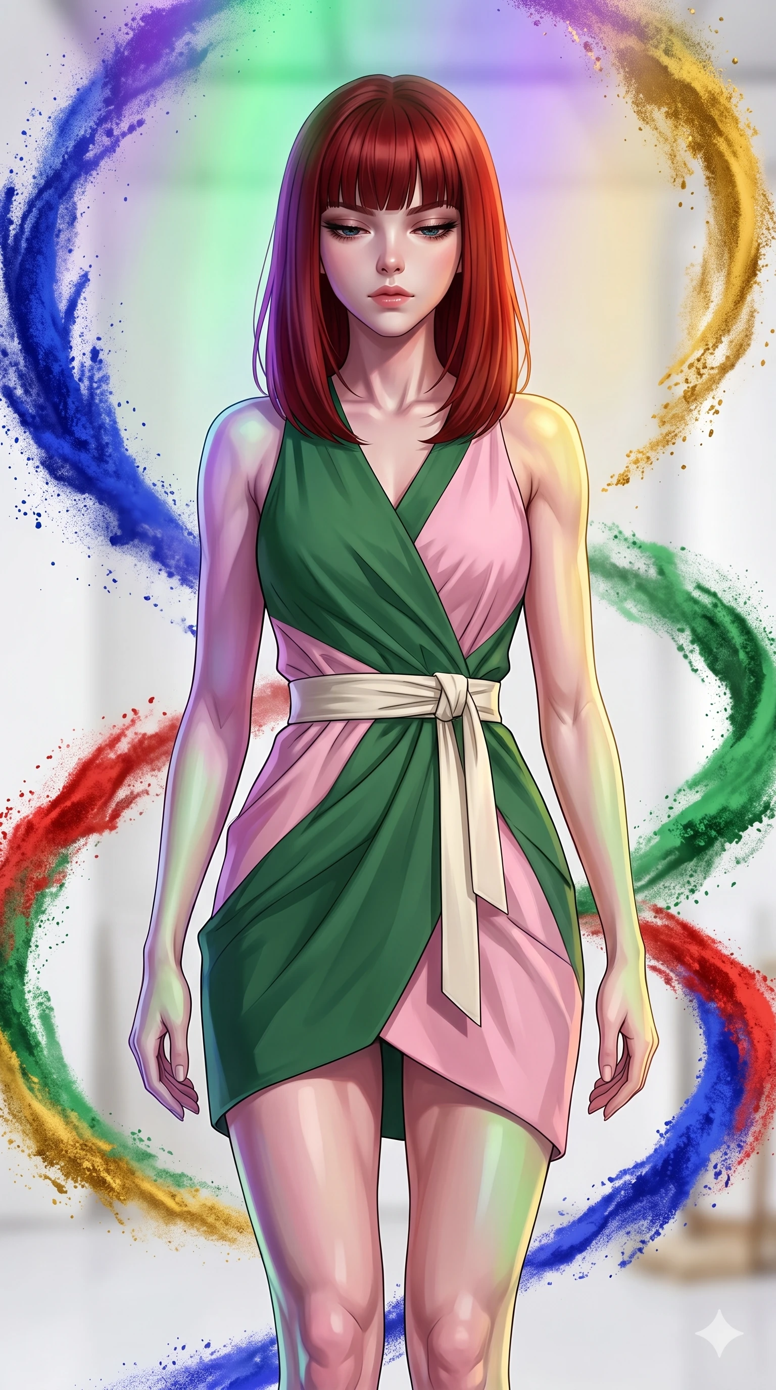 score_9, masterpiece, best quality, ultra-detailed, high-budget anime keyframe, editorial fashion photography, tasteful artistic composition, Caucasian woman, strictly human ears. close-up cowboy shot from the waist and thighs up, the character dominates the composition, filling the frame with her large presence, background elements kept in soft focus. Looking down with lowered lashes and a composed powerful expression. set against a soft-focus background of an artist's white studio where spiraling vortexes of pure dry pigment powder in vivid ultramarine cadmium red viridian and gold orbit around the center in hypnotic double-helix formations. She has an exceptionally elegant and slender, willowy female figure with an ultra-slim waist, a gracefully sculpted slender torso, and a refined slim physique. sharp v-shaped jawline, high-bridge nose, intricate jewel-like eyes with depth, thick eyelashes, glossy lips with a natural sheen. wearing a modern asymmetric wrap dress featuring color-blocked panels of forest green and pastel pink, with a structured ivory fabric belt. illuminated by a shifting aurora palette of green violet and gold from above. 2k, ultra detail, master piece, 9:16 ratio