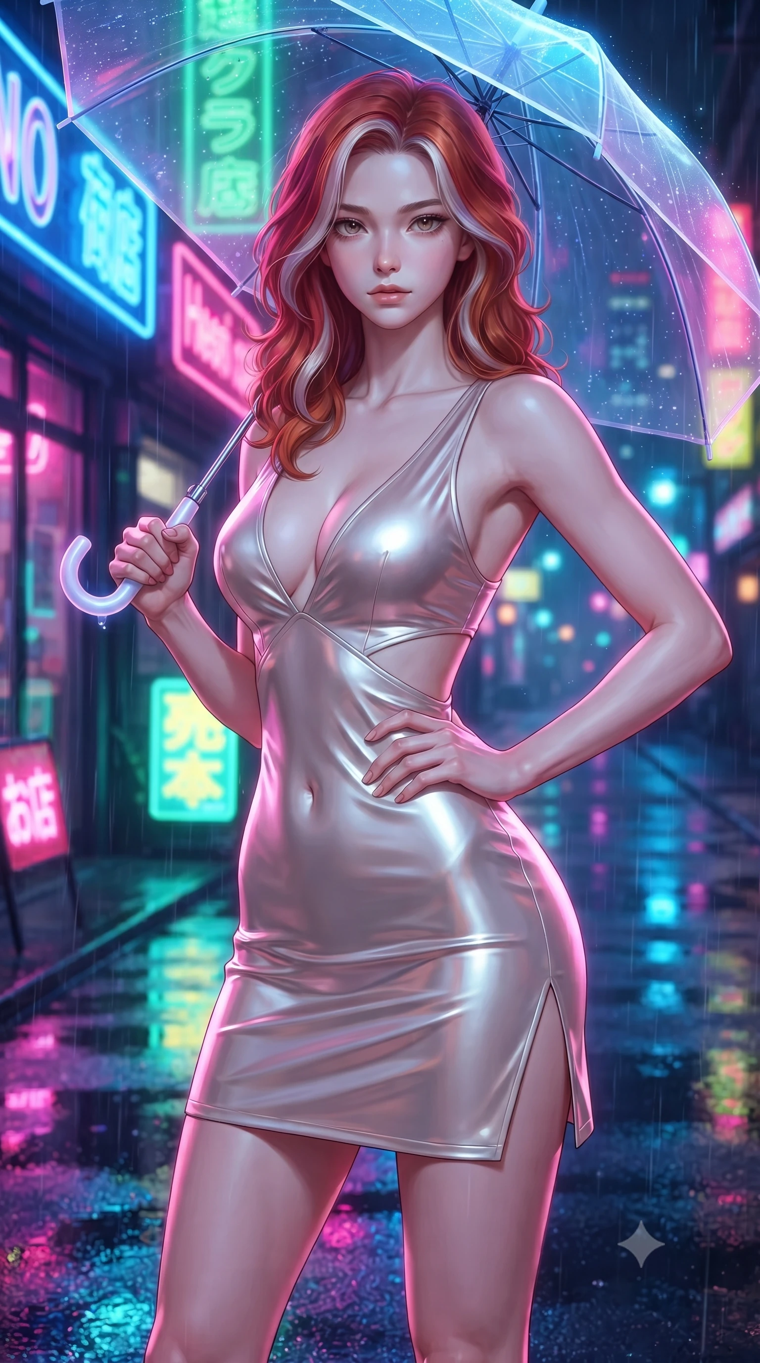 score_9, masterpiece, best quality, ultra-detailed, high-budget anime keyframe, editorial fashion photography, tasteful artistic composition, Caucasian woman. close-up cowboy shot from the waist and thighs up, the character dominates the composition, filling the frame with her large presence, background elements kept in soft focus. Holding a confident power pose with one hand on her hip, gazing directly into the camera with quiet intensity holding a glowing translucent umbrella under vibrant neon street signs at night, wet asphalt surfaces casting glossy specular highlights from surrounding signs. She has an exceptionally elegant, slender, and willowy female figure with an ultra-slim waist, a gracefully sculpted slender torso, and a refined silhouette. sharp v-shaped jawline, high-bridge nose, intricate jewel-like eyes with depth, thick eyelashes, glossy lips with a natural sheen. wearing a liquid mercury gloss mini dress with ultra-deep V-neck and waist cutouts in pearl white and rose gold, crafted from smooth liquid silk, finished with a sleek side slit ascending to mid-thigh, the tailored fabric tightly following every curve of her athletic build. drenched in wet neon reflections with brilliant specular highlights on her silhouette. ultra-reflective glossy finish, specular highlights, metallic sheen, high-contrast stereoscopic depth, volumetric dynamic lighting, 2k, ultra detail, master piece, 9:16 ratio