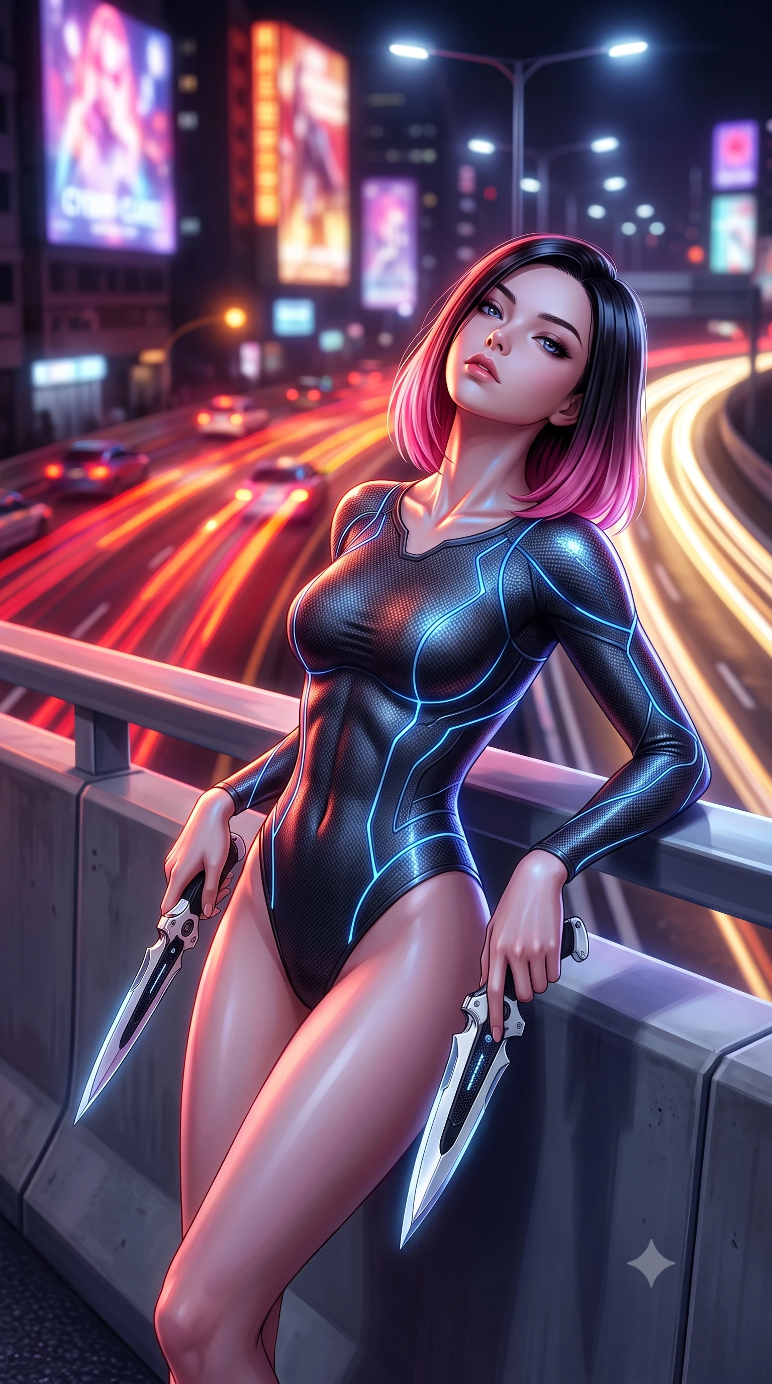 score_9, masterpiece, best quality, ultra-detailed, high-budget anime keyframe, semi-realistic 3D game render, editorial fashion photography, tasteful artistic composition, Korean woman. close-up cowboy shot from the waist and thighs up, the character dominates the composition, filling the frame with her large presence. tilting her head back with serene regal elegance, her sharp jawline and sculpted collarbones highlighted by glowing weapon energy reflections while leaning against a sleek highway divider barrier with blades resting at her sides, looking into the lens with a dangerous smolder. The composition keeps background elements in soft focus with creamy bokeh. streaking cyber-traffic light trails and giant holographic billboards blurred into dazzling crimson, amber, and violet bokeh. She has an exceptionally elegant, slender, and willowy female figure with an ultra-slim waist, a gracefully sculpted slender torso, toned flat midriff, and a refined slim silhouette. sharp v-shaped jawline, high-bridge nose, intricate jewel-like eyes with depth, thick eyelashes, glossy lips with a natural sheen, flawlessly proportioned anatomical accuracy, strict slender model proportions, natural body alignment, perfectly sculpted long slender limbs, ultra-slim waistline, clean dynamic posture without body distortion. wearing an aerodynamic dark titanium carbon-mesh jumper with glowing blue fiber lines, holding twin chrome vibro-daggers with deadly supermodel poise in monochrome white enamel carbon with high-contrast black panels, crafted from semi-translucent cybernetic carbon-vinyl interwoven with glowing micro-filaments, finished with high-mobility articulation joints and miniature magnetic armor locks, the sleek second-skin cut tightly hugging her graceful clavicle, narrow waist, and feminine curves with athletic precision. bathed in blazing neon crimson and golden traffic trail backlighting with crisp streetlamp fill. rich saturated anime colors with glowing neon highlights, detailed shading with soft gradients, rich glossy textures, high-contrast stereoscopic depth, volumetric dynamic lighting, master piece, 9:16 ratio
