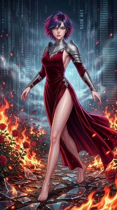 score_9, masterpiece, best quality, ultra-detailed, Set A: High-budget Anime Keyframe, Caucasian (strictly human ears) woman. Low angle cowboy shot filling the entire 9:16 frame with her statuesque presence. Drawing a blade through a shattered glass 