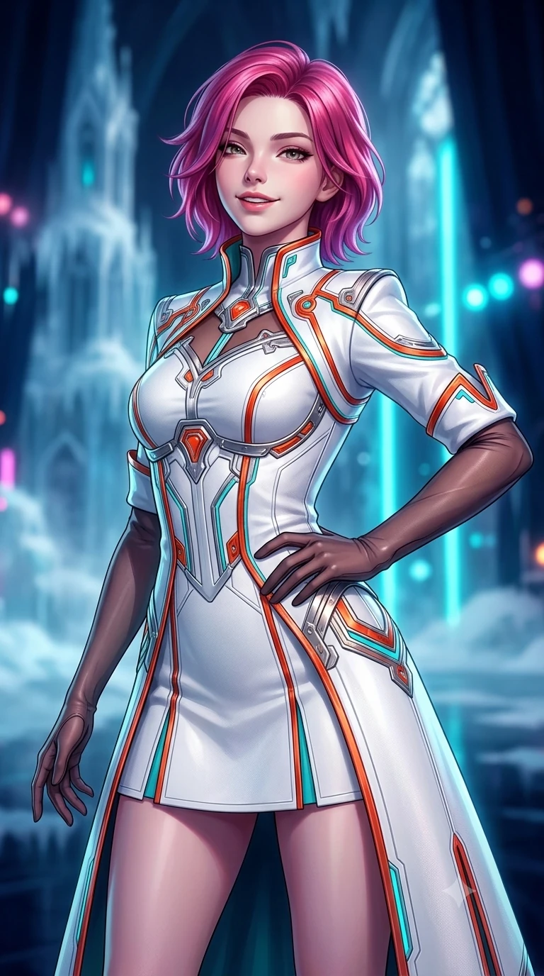 score_9, masterpiece, best quality, ultra-detailed, high-budget anime keyframe, semi-realistic 3D game render, editorial fashion photography, tasteful artistic composition, Caucasian woman. close-up cowboy shot from the waist and thighs up, the character dominates the composition, filling the frame with her large presence. tilting her head with a teasing half-smile, running one hand slowly down the side of her hip in a flirtatious S-curve as ambient light caresses her silhouette while twisting her slender torso in an alluring contrapposto stance, cyan neon pulses and ice crystal reflections wrapping around her narrow waist and curvy hips. The background shows a soft-focus frosty aria breath mist softened in glacial opera house cathedral shallow focus. She has an exceptionally elegant, slender, and willowy female figure with an ultra-slim waist, flat toned midriff, narrow ribcage, and sculpted feminine hips creating an alluring, slim hourglass silhouette without bulk. sharp v-shaped jawline, high-bridge nose, intricate jewel-like sparkling eyes with depth, thick eyelashes, glossy parted lips with a natural peach sheen, bright cheerful beaming smile with an enchanting and coquettish sensual glint, exuding both youthful cute charm and seductive allure, flawlessly proportioned anatomical accuracy, strict slender model proportions, natural body alignment, perfectly sculpted long slender limbs, ultra-slim waistline, clean dynamic posture without body distortion. wearing a bespoke arctic opera coat dress in snow-white double-faced cashmere with metallic thread accents in cyber-shinto vermilion and laser turquoise, woven from structured carbon-fiber jacquard with rich textural depth, complemented by sheer opera-length evening gloves tracing her slender arms, the bespoke structured tailoring following the natural line of her 8.5-heads silhouette with refined elegance. bathed in high-contrast cyan neon aria pulses contrasted with deep velvety indigo stage shadows. highly saturated vibrant anime colors, detailed shading with soft gradients, rich glossy textures, high-contrast stereoscopic depth, volumetric dynamic lighting, master piece, 9:16 ratio