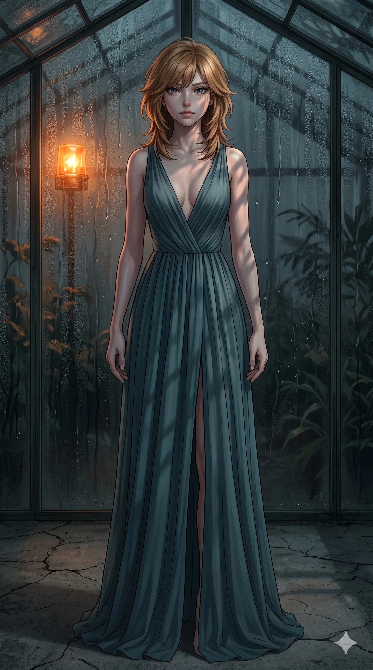 score_9, masterpiece, best quality, ultra-detailed, high-budget anime keyframe, editorial fashion photography, tasteful artistic composition, Korean woman. cowboy shot from the thighs up, character and outfit filling the frame for maximum editorial presence. staring directly into the lens with a hollow, heartbroken look, her face pale and devoid of hope inside a glass-walled greenhouse with condensation trickling down the panes (Scenario Code S-12). She has an absolutely perfect 8-heads proportion, an exceptionally tall and slender female figure with impossibly long slender legs and an ultra-slim waist. V-shaped jawline, high-bridge nose, intricate jewel-like eyes with depth, thick eyelashes, glossy lips with a natural sheen. wearing a lightweight draped chiffon gown with a plunging V-neckline and a high front slit. lit by a flickering orange emergency beacon, casting dramatic, dancing shadows on her body. 2k, ultra detail, master piece, 9:16 ratio