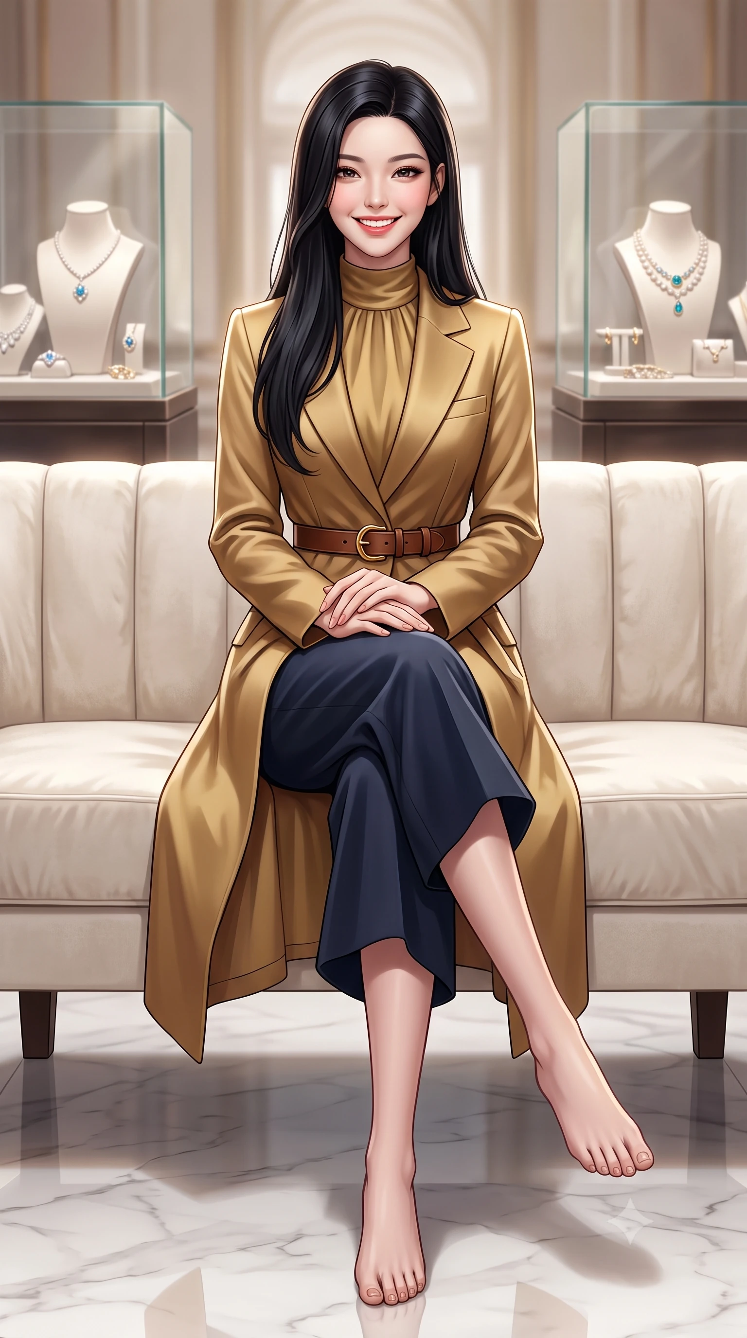 score_9, masterpiece, best quality, ultra-detailed, high-budget anime keyframe, semi-realistic 3D game render, editorial fashion photography, tasteful artistic composition, Korean woman. low angle full-body shot from head to toe showing her feet, filling the entire 9:16 vertical frame with her statuesque presence, stretching her vertical silhouette. pausing along the promenade and turning back toward the camera with an infectious, delightful smile and perfect posture while sitting poised on an ivory velvet banquette with hands folded neatly in her lap, exuding impeccable French haute-couture elegance. The background shows a soft-focus glass display cases with luxury jewels softened in opulent Parisian palace shallow focus. She has an exceptionally tall and slender model-like 8.5-heads proportion, an ultra-slim waist, a flat toned midriff, narrow delicate ribcage, and beautifully sculpted feminine hips creating a graceful, slim hourglass silhouette without any bulky heaviness, with impossibly long slender legs. sharp v-shaped jawline, high-bridge nose, intricate jewel-like sparkling eyes with depth, thick eyelashes, glossy parted lips with a natural peach sheen, bright cheerful beaming smile with an enchanting and coquettish sensual glint, exuding both youthful cute charm and seductive allure, flawlessly proportioned anatomical accuracy, strict slender model proportions, natural body alignment, perfectly sculpted long slender limbs, ultra-slim waistline, clean dynamic posture without body distortion. wearing a modern tailored silk-blend robe coat with minimalist sash belt layered over a high-neck blouse and wide culottes in Ginza vintage brass gold and midnight navy, woven from fine Australian merino wool with a smooth fluid drape and subtle sheen, finished with a smooth equestrian bridle-leather belt with a polished brass horseshoe buckle, the structured cinched belt emphasizing her narrow waistline and gracefully balanced proportions with timeless haute-couture polish. illuminated by polished marble floor bounce and pristine champagne rim lights defining her razor-sharp jawline and elegant tailored silhouette. highly saturated vibrant anime colors, detailed shading with soft gradients, rich glossy textures, high-contrast stereoscopic depth, volumetric dynamic lighting, master piece, 9:16 ratio