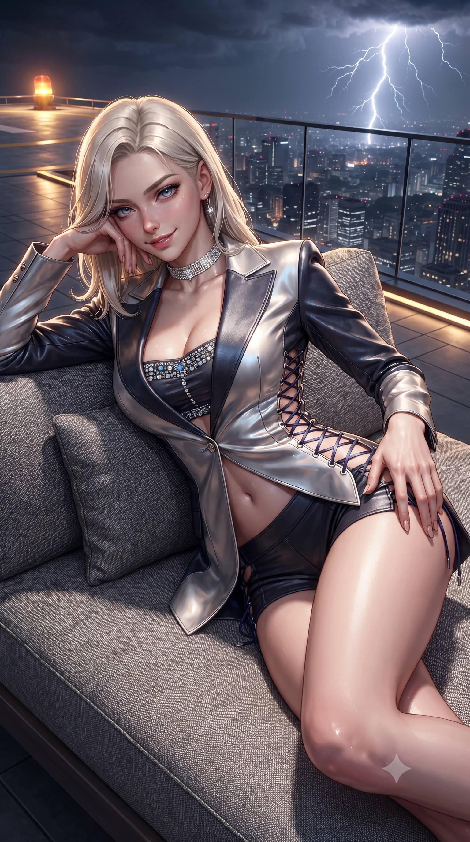 score_9, masterpiece, best quality, ultra-detailed, high-budget anime keyframe, editorial fashion photography, tasteful artistic composition, Caucasian woman. close-up cowboy shot from the waist and thighs up, the character dominates the composition, filling the frame with her large presence. tilting her head with a teasing half-smile, running one hand slowly down the side of her hip in a flirtatious S-curve as ambient light caresses her silhouette while lounging on a weather-resistant daybed under the rooftop canopy propped on one elbow, casting a dangerous, seductive half-smile. The surrounding environment is rendered in vivid detail and crisp panoramic clarity: detailed wet-look leatherette jumpsuit cling, diamond choker shine, and high-rise structural engineering in high resolution. She has an exceptionally elegant, slender, and willowy female figure with an ultra-slim waist, flat toned midriff, narrow ribcage, and sculpted feminine hips creating an alluring, slim hourglass silhouette without bulk. sharp v-shaped jawline, high-bridge nose, sparkling eyes with hypnotic seductive depth, thick curled eyelashes, glossy parted lips with a natural dewy peach sheen, alluring bedroom-eyes with an enchanting coquettish smile, exuding magnetic siren charisma and sophisticated glamour, flawlessly proportioned anatomical accuracy, strict slender model proportions, natural body alignment, perfectly sculpted long slender limbs, ultra-slim waistline, clean dynamic posture without body distortion. wearing a tailored open-front smoking jacket worn over a jewel-embellished bandeau top and micro-shorts in molten liquid platinum and midnight charcoal with sapphire reflections, woven from buttery-soft stretch lambskin leather adhering to her body like a second skin, featuring fine criss-cross lace-up side ties revealing tantalizing glimpses of her hip curve, the liquid-tight tailored fabric clinging flawlessly to her narrow waist and rounded feminine hips, emphasizing every millimeter of her sculpted slim hourglass curves without any bulky heaviness. bathed in golden helipad perimeter beacon lights combined with sudden lightning flash strobes. ultra-reflective glossy finish, specular highlights, rich textural contrasts, high-contrast stereoscopic depth, volumetric dynamic lighting, 2k, ultra detail, master piece, 9:16 ratio