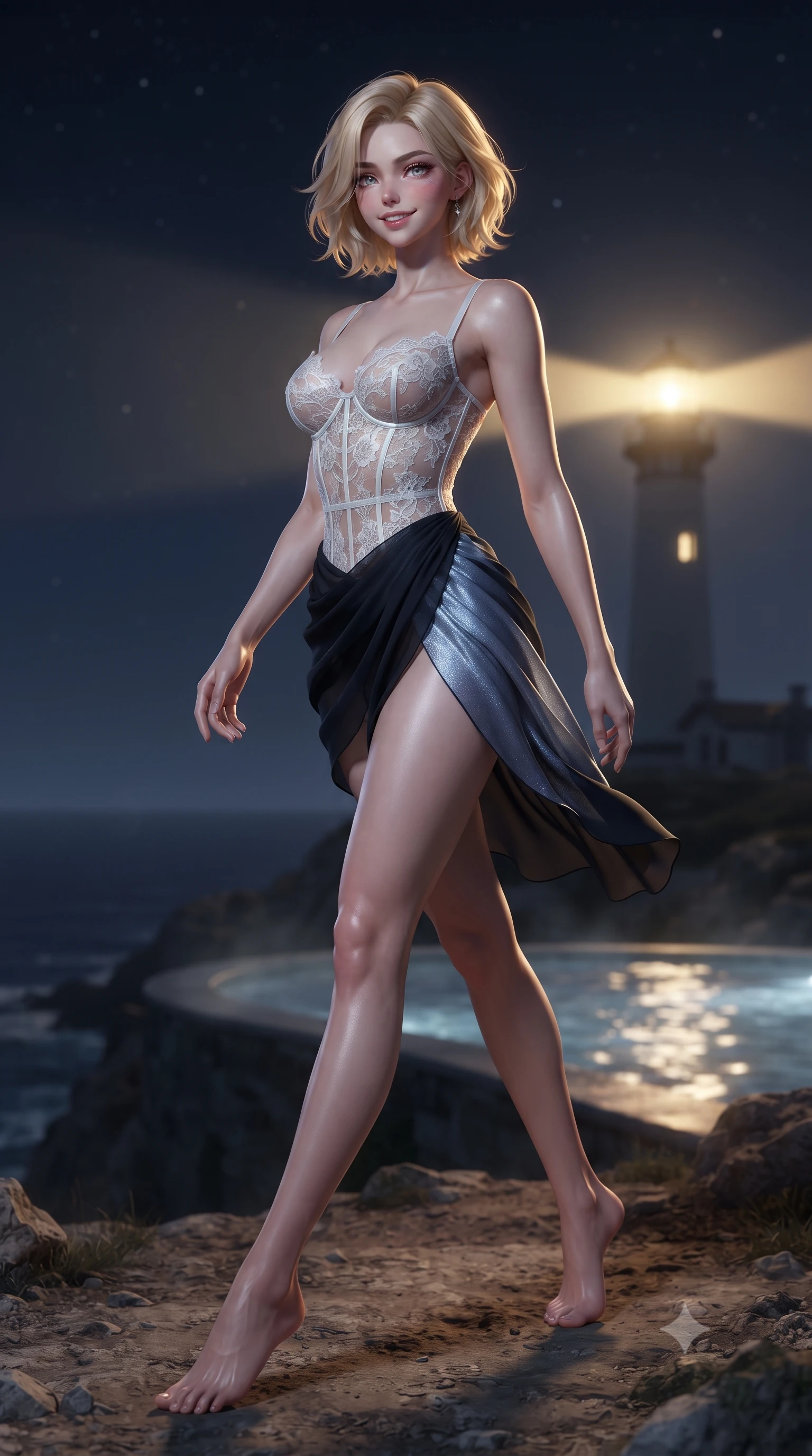 score_9, masterpiece, best quality, ultra-detailed, high-budget anime keyframe, editorial fashion photography, tasteful artistic composition, Caucasian woman. low angle full-body shot from head to toe showing her feet, filling the entire 9:16 vertical frame with her statuesque presence, stretching her vertical silhouette. stepping forward in a confident stride, her long slender legs and curvaceous hips creating a dynamic, sweeping vertical line while standing poised on the secluded cliff promontory beside the private infinity spa, arching her spine with siren grace as the historic lighthouse beacon sweeps across dark waves. The background shows a soft-focus gentle infinity spa ripples softened in secluded southern cape sanctuary shallow focus. She has an exceptionally tall and slender model-like 8.5-heads proportion, an ultra-slim waist, a flat toned midriff, narrow delicate ribcage, and beautifully sculpted feminine hips creating a graceful, slim hourglass silhouette without any bulky heaviness, with impossibly long slender legs. sharp v-shaped jawline, high-bridge nose, intricate jewel-like sparkling eyes with depth, thick eyelashes, glossy parted lips with a natural peach sheen, bright cheerful beaming smile with an enchanting and coquettish sensual glint, exuding both youthful cute charm and seductive allure, flawlessly proportioned anatomical accuracy, strict slender model proportions, natural body alignment, perfectly sculpted long slender limbs, ultra-slim waistline, clean dynamic posture without body distortion. wearing a sculpted underwire corset in semi-sheer snow-white lace paired with an ultra-short draped chiffon tulip skirt in Manhattan midnight obsidian and electric platinum, made of delicate embroidered tulle lace with intricate floral motifs and soft transparency, finished with scalloped eyelash lace trim framing her sweetheart neckline with intimate elegance, the high-slit wrap tailoring accentuating her ultra-slim waistline and the enchanting curve of her feminine hips with alluring seductive charm. bathed in the periodic sweeping golden glow of the historic lighthouse beam contrasted with deep nocturnal sky and starlight. ultra-reflective glossy finish, specular highlights, rich textural contrasts, high-contrast stereoscopic depth, volumetric dynamic lighting, 2k, ultra detail, master piece, 9:16 ratio
