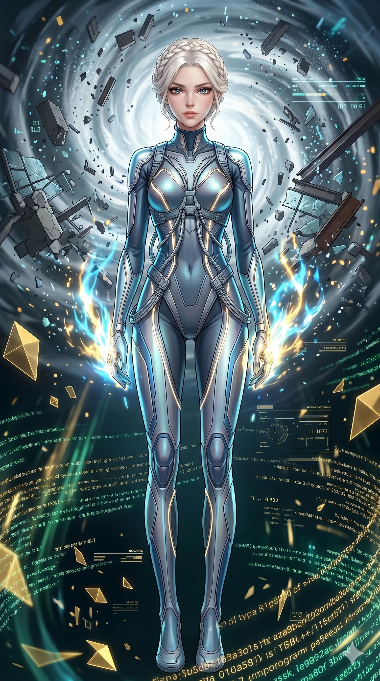score_9, masterpiece, best quality, ultra-detailed, High-budget Anime Keyframe, vibrant colors, fluid line-art, expressive lighting, cinematic composition, Ufotable-style visual effects, top-tier animation quality, Caucasian woman with pale skin, blonde hair, and (strictly human ears). Dynamic full-body shot stretching the vertical silhouette, capturing her from a powerful low-angle perspective. Standing in the eye of a terrifying hurricane with absolute calm, the debris of a destroyed city circling her in a violent vortex. She has an absolutely perfect 8-heads proportion, an exceptionally tall and slender female figure with impossibly long slender legs and an ultra-slim waist, her statuesque height and towering silhouette dominating the vertical 9:16 frame. Her face is a masterpiece featuring a sharp v-shaped jawline, high-bridge nose, intricate jewel-like eyes with depth, thick eyelashes, and glossy lips with a natural sheen. She is wearing a Futuristic pilot suit with an exposed midriff and a high-cut structural frame crafted from Bioluminescent silk that emits a soft, ethereal glow from within the fabric, with an exposed midriff and a complex harness system that draws the eye. The scene is set in an abstract digital void with floating golden geometric shapes and rivers of flowing code, illuminated by intense energy flares from her powers illuminating the scene with brilliant light. 2k, ultra detail, master piece, 9:16 ratio