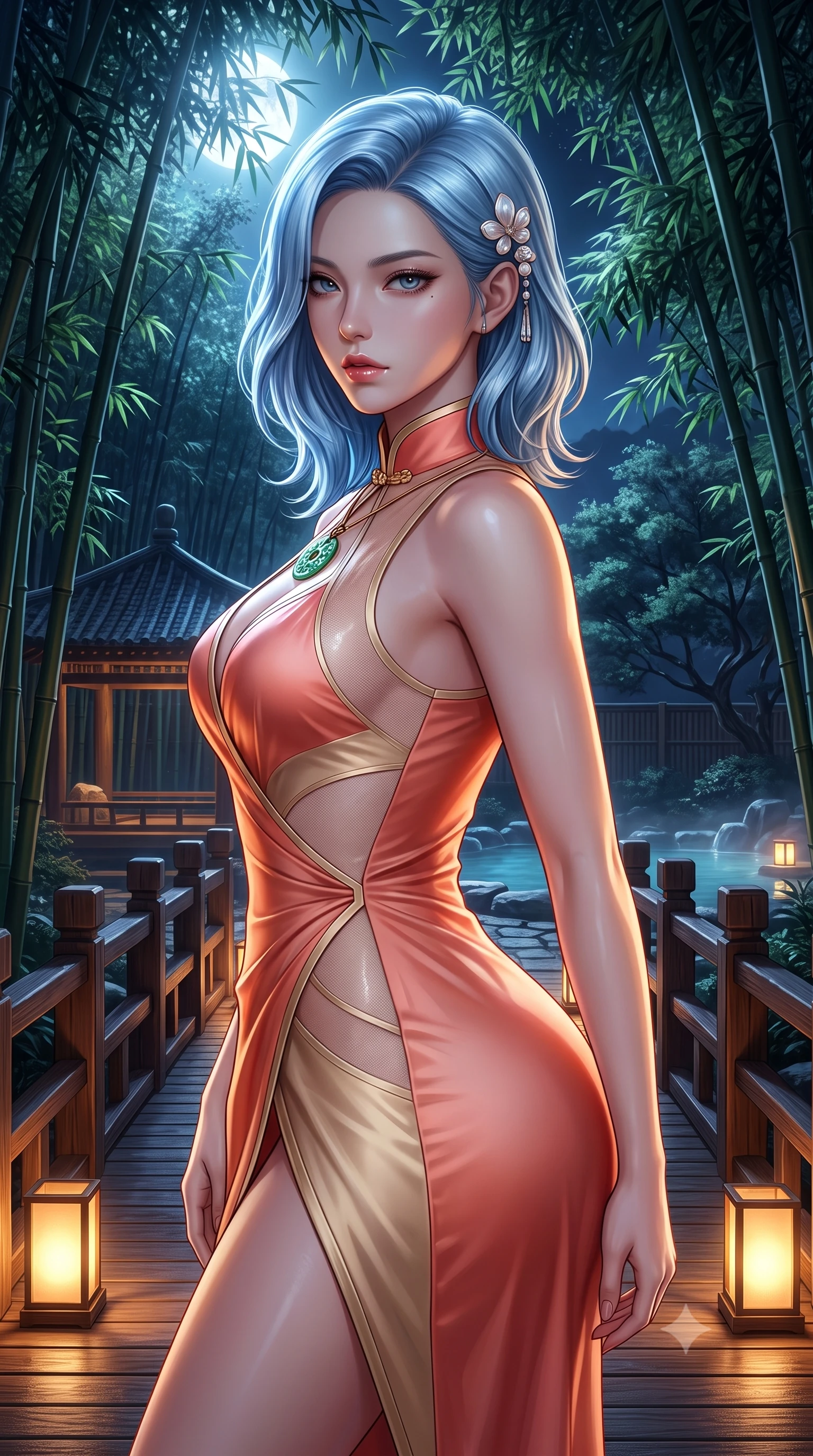 score_9, masterpiece, best quality, ultra-detailed, high-budget anime keyframe, semi-realistic 3D game render, editorial fashion photography, tasteful artistic composition, Korean woman. close-up cowboy shot from the waist and thighs up, the character dominates the composition, filling the frame with her large presence. twisting her slender torso in a deep contrapposto stance, hips dramatically shifted to accentuate her feminine curves while looking past her shoulder with smoldering bedroom-eyes while standing poised on the wooden bridge terrace, twisting her upper body in an alluring S-curve as night wind rustles through the bamboo canopy. The surrounding environment is rendered in vivid detail and crisp panoramic clarity. atmospheric nocturnal Japanese chiaroscuro and serene hot-spring retreat luxury rendered with precision. She has an exceptionally elegant, slender, and willowy female figure with an ultra-slim waist, a gracefully sculpted slender torso, toned flat midriff, and rounded feminine hips creating an alluring hourglass silhouette. sharp v-shaped jawline, high-bridge nose, intricate jewel-like eyes with depth, thick eyelashes, glossy parted lips with a natural sheen, intensely captivating and seductive bedroom-eyes expression, flawlessly proportioned anatomical accuracy, strict slender model proportions, natural body alignment, perfectly sculpted long slender limbs, ultra-slim waistline, clean dynamic posture without body distortion. wearing a wet-look silk fusion wrap dress with asymmetrical sheer mesh cutouts and high Mandarin collar in sunrise coral and champagne gold, made of sheer contouring power-mesh panels with anatomical curve lines, accented with mother-of-pearl hair ornaments and a carved jade pendant, the liquid-tight tailored fabric clinging flawlessly to her narrow waist and rounded feminine hips, emphasizing every millimeter of her sculpted hourglass curves during movement. bathed in cool silver full-moon light streaming through the bamboo canopy and warm amber lantern downlights. highly saturated vibrant anime colors, detailed shading with soft gradients, rich glossy textures, high-contrast stereoscopic depth, volumetric dynamic lighting, master piece, 9:16 ratio