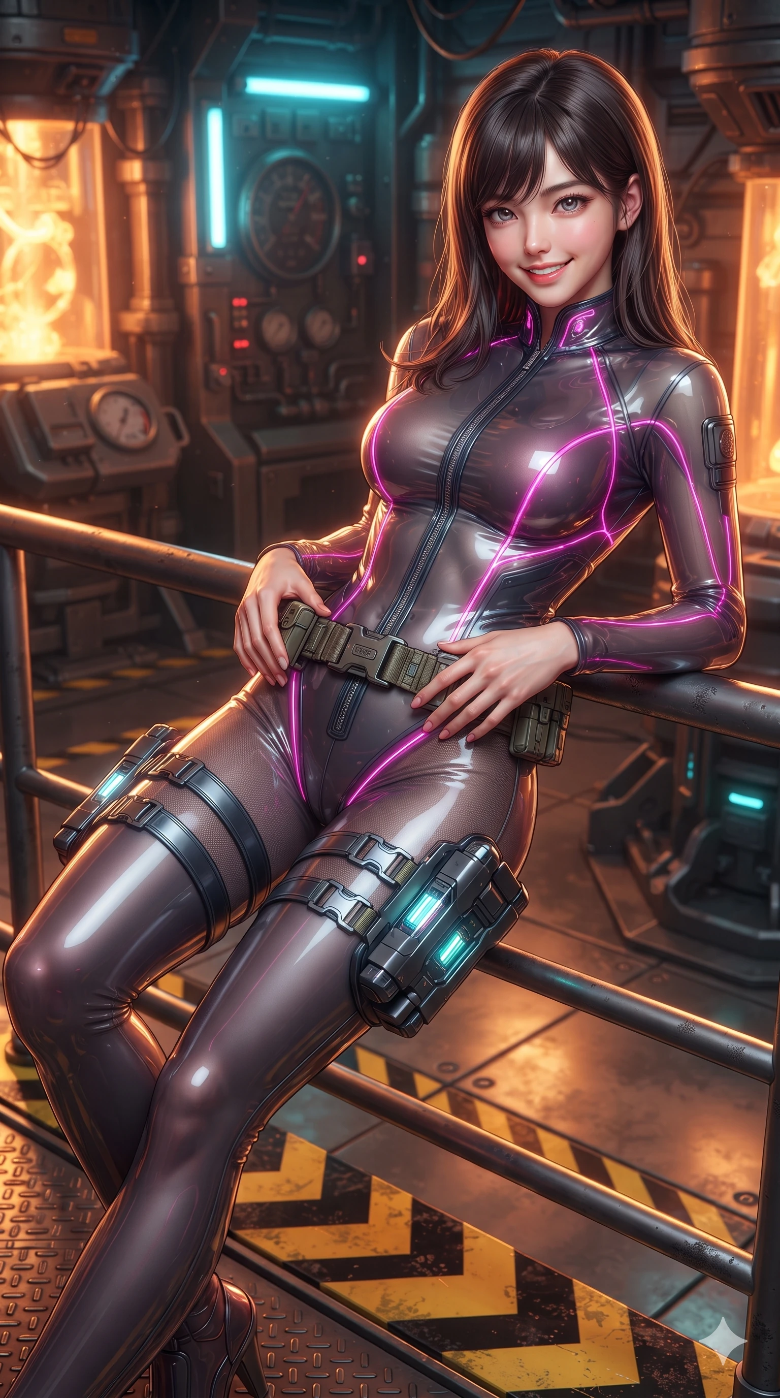 score_9, masterpiece, best quality, ultra-detailed, high-budget anime keyframe, editorial fashion photography, tasteful artistic composition, Korean woman. close-up cowboy shot from the waist and thighs up, the character dominates the composition, filling the frame with her large presence. resting both hands lightly on her tactical utility belt, arching her spine to highlight her narrow waist, flat midriff, and breathtaking collarbones while lounging gracefully on the maintenance railing propped on one elbow with legs extended, displaying her long slender limbs and statuesque hourglass silhouette against the subterranean plasma matrix. The surrounding environment is rendered in vivid detail and crisp panoramic clarity: sharp floor warning stripes, heavy titanium gantry rivets, and glowing plasma pressure gauges in deep focus. She has an exceptionally elegant, slender, and willowy female figure with an ultra-slim waist, flat toned midriff, narrow ribcage, and sculpted feminine hips creating an alluring, slim hourglass silhouette without bulk. sharp v-shaped jawline, high-bridge nose, intricate jewel-like sparkling eyes with depth, thick eyelashes, glossy parted lips with a natural sheen, bright confident smile with an enchanting and coquettish sensual glint, exuding both youthful magnetic charm and sovereign high-tech allure, flawlessly proportioned anatomical accuracy, strict slender model proportions, natural body alignment, perfectly sculpted long slender limbs, ultra-slim waistline, clean dynamic posture without body distortion. wearing a translucent high-gloss polymer flight suit with internal luminescent wire filigree and tailored waist cinching in deep titanium gunmetal and radiant magenta neon, woven from fine semi-opaque stretch illusion mesh tracing her slender contours, complemented by sleek cybernetic thigh holsters with illuminated power cells, the bespoke structured tailoring following the natural line of her 8.5-heads silhouette with refined elegance. bathed in the intense warm 2200K furnace glow of subterranean plasma conduits mixed with cool cyan emergency strip lights. ultra-reflective glossy finish, specular highlights, rich textural contrasts, high-contrast stereoscopic depth, volumetric dynamic lighting, 2k, ultra detail, master piece, 9:16 ratio