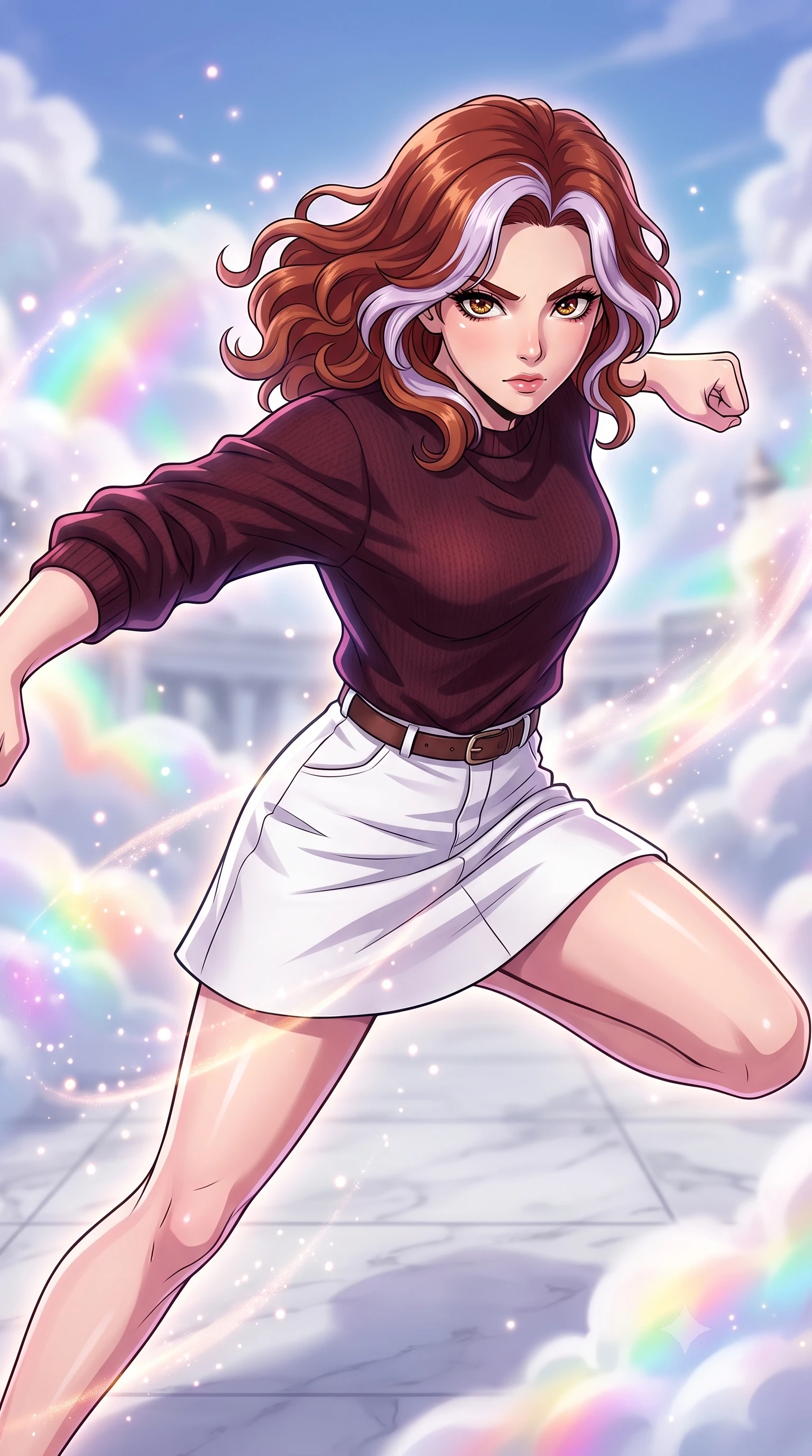 score_9, masterpiece, best quality, ultra-detailed, high-budget anime keyframe, clean line-art, cel-shading, Caucasian woman, strictly human ears. close-up cowboy shot from the waist and thighs up, the character dominates the composition, filling the frame with her large presence, background elements kept in soft focus. Leaping into the camera's view with an aggressive, mid-action strike pose. set against a soft-focus background of a palace terrace made of white marble, surrounded by clouds that glow with internal rainbow gradients. She has an exceptionally elegant and slender, willowy female figure with an ultra-slim waist, a gracefully sculpted slender torso, and a refined slim physique. sharp v-shaped jawline, high-bridge nose, intricate jewel-like eyes with depth, thick eyelashes, glossy lips with a natural sheen. wearing catching and diffusing the glowing particles, shimmering softly in response to the surrounding light, a tailored dark burgundy knit sweater with a relaxed fit, paired with a white cotton poplin skirt and a leather belt. soft glowing ambient light with sharp side key light tracing the sleek contours of her figure. highly saturated vibrant anime colors, intense vivid color palette, volumetric dynamic lighting, 2k, ultra detail, master piece, 9:16 ratio
