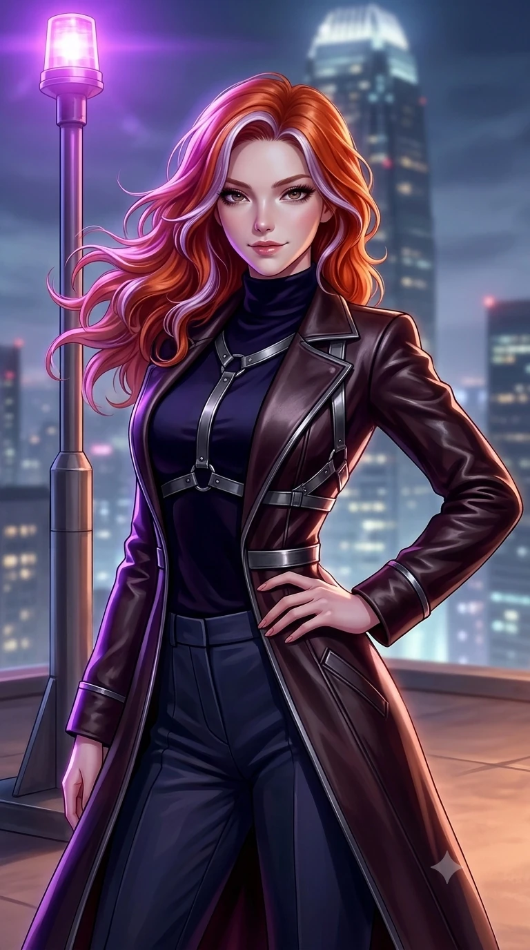 score_9, masterpiece, best quality, ultra-detailed, high-budget anime keyframe, semi-realistic 3D game render, editorial fashion photography, tasteful artistic composition, Caucasian woman. close-up cowboy shot from the waist and thighs up, the character dominates the composition, filling the frame with her large presence. holding a confident power pose with one hand on her hip, looking into the lens with smoldering intensity while twisting her slender torso in an alluring S-curve beside the perimeter beacon mast, flashing violet strobe flashes contouring her waist and hips. The background shows a soft-focus summit skyscraper apex softened in high-altitude metropolitan shallow focus. She has an exceptionally elegant, slender, and willowy female figure with an ultra-slim waist, flat toned midriff, narrow ribcage, and sculpted feminine hips creating an alluring, slim hourglass silhouette without bulk. sharp v-shaped jawline, high-bridge nose, intricate jewel-like dark sparkling eyes with hypnotic seductive depth, thick curled eyelashes, glossy parted lips with a natural wine sheen, alluring bedroom-eyes with an enigmatic smoldering smile, exuding magnetic sovereign charisma and dark avant-garde glamour, flawlessly proportioned anatomical accuracy, strict slender model proportions, natural body alignment, perfectly sculpted long slender limbs, ultra-slim waistline, clean dynamic posture without body distortion. wearing a structured dark leather long coat over a turtleneck and tailored slacks in dark mahogany and brushed gunmetal, tailored from crushed dark velvet with deep light-absorbing plush texture, highlighted by a gunmetal metallic harness structure, accentuating her gracefully sculpted slender torso and statuesque proportions. illuminated by tarmac ground bounce and sharp ultraviolet-rose rim lights sculpting her razor-sharp jawline, narrow waist, and curvy hips. highly saturated vibrant anime colors, detailed shading with soft gradients, rich glossy textures, high-contrast stereoscopic depth, volumetric dynamic lighting, master piece, 9:16 ratio