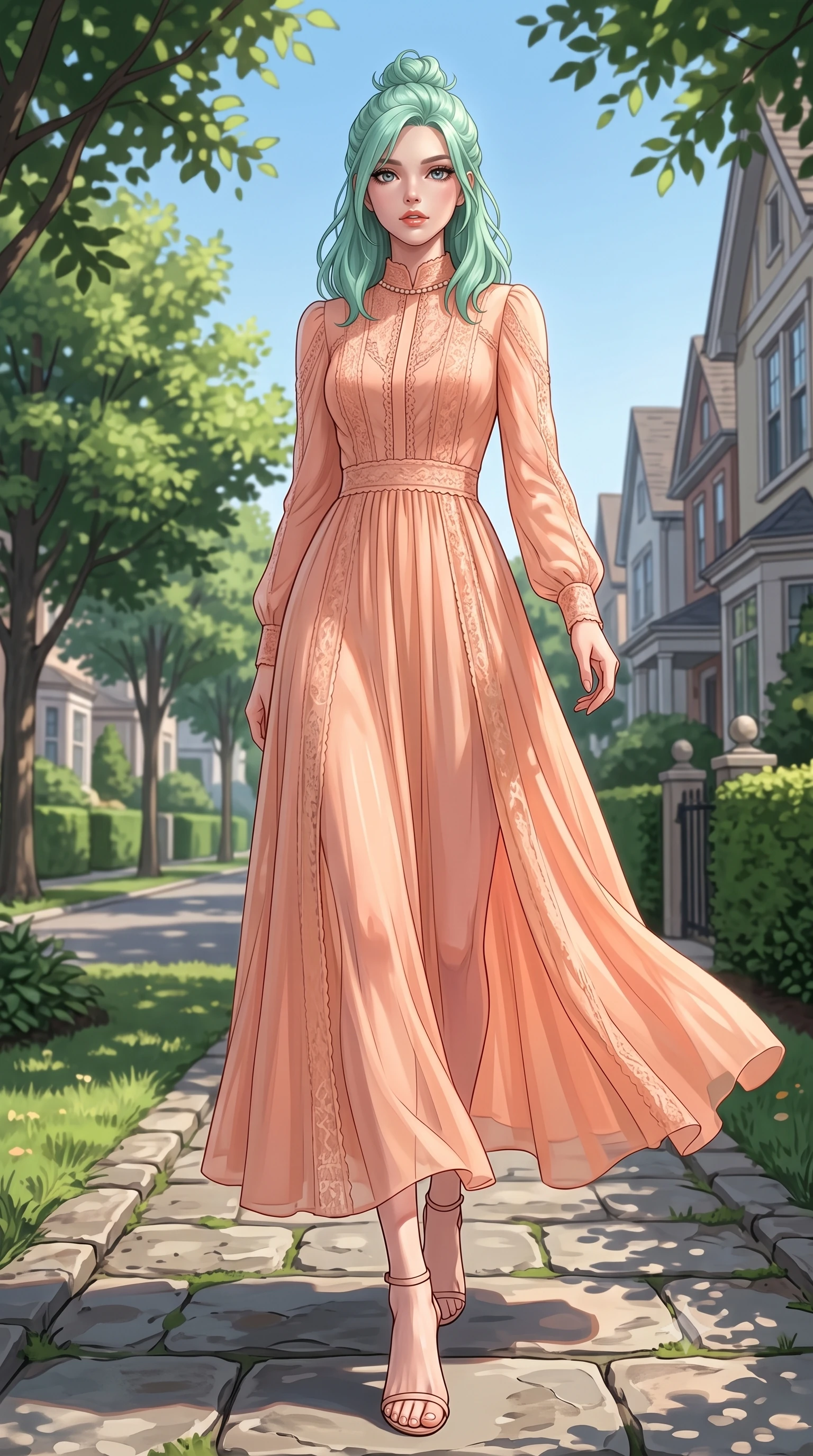 score_9, masterpiece, best quality, ultra-detailed, high-budget anime keyframe, editorial fashion photography, tasteful artistic composition, Japanese woman woman. low angle full-body shot from head to toe showing her feet, filling the entire 9:16 vertical frame with her statuesque presence, stretching her vertical silhouette. stepping gracefully across a stone path in the garden the background shows a soft-focus a quiet residential street lined with green trees and neat gardens under a clear sky. She has an absolutely perfect, statuesque 8.5-heads proportion, an exceptionally tall and slender model-like female figure with impossibly long slender legs and an ultra-slim waist. sharp v-shaped jawline, high-bridge nose, intricate jewel-like eyes with depth, thick eyelashes, glossy lips with a natural sheen. wearing a slim-fit flowy peach-colored chiffon maxi dress with long sleeves and a high collar. soft dappled sunlight filtering through roadside tree leaves. 2k, ultra detail, master piece, 9:16 ratio