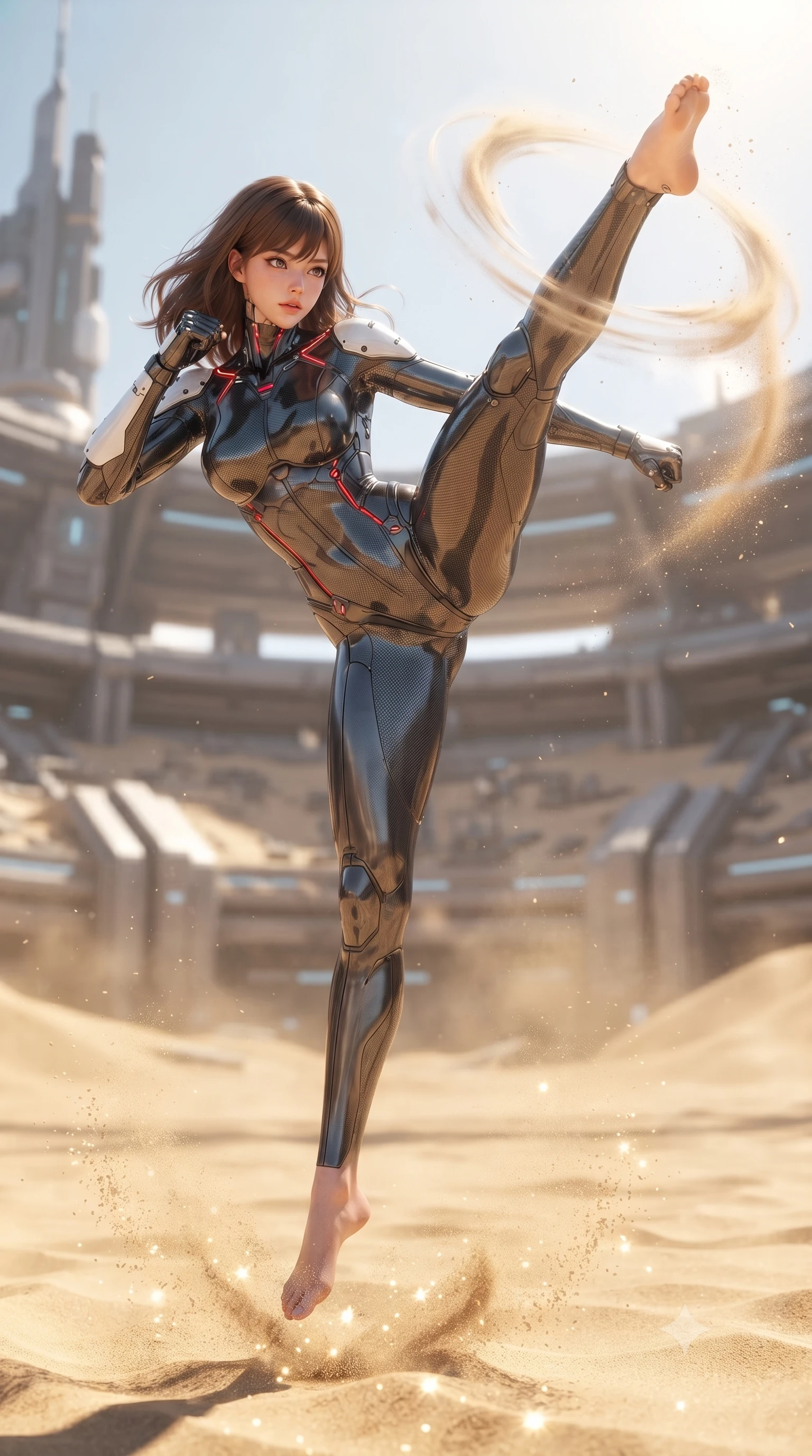 score_9, masterpiece, best quality, ultra-detailed, high-budget anime keyframe, editorial fashion photography, tasteful artistic composition, Korean woman. low angle full-body shot from head to toe showing her feet, filling the entire 9:16 vertical frame with her statuesque presence, stretching her vertical silhouette. leaping into mid-air with an athletic yet alluring arch of her spine, driving a downward kinetic strike surrounded by a ring of displaced air while executing a vertical 180-degree mid-air spinning axe kick in a vast cybernetic colosseum arena as sand swirls beneath her feet. The composition keeps background elements in soft focus with creamy bokeh. sparkling sunlit sand grains scattering bright specular light motes across a grand stadium backdrop. She has an absolutely perfect, statuesque 8.5-heads proportion, an exceptionally tall and slender model-like female figure with impossibly long slender legs, a toned flat midriff, and an ultra-slim waist. sharp v-shaped jawline, high-bridge nose, intricate jewel-like eyes with depth, thick eyelashes, glossy lips with a natural sheen, flawlessly proportioned anatomical accuracy, strict slender model proportions, natural body alignment, perfectly sculpted long slender limbs, ultra-slim waistline, clean dynamic posture without body distortion. wearing a second-skin dark gunmetal carbon-weave battle-suit with crimson laser conduits and high-frequency knuckle strike plates in monochrome white enamel carbon with high-contrast black panels, tailored from flexible second-skin carbon-mesh that clings flawlessly to her athletic curves, accented with glowing fiber-optic conduits tracing her collarbones and hip curves, the liquid-tight tailored fabric emphasizing every curve of her tall, slender model proportions and sculptured silhouette during dynamic movement. bathed in brilliant midday desert sunshine and warm golden sand surface reflections. ultra-reflective glossy finish, specular highlights, dark metallic sheen, high-contrast stereoscopic depth, volumetric dynamic lighting, 2k, ultra detail, master piece, 9:16 ratio