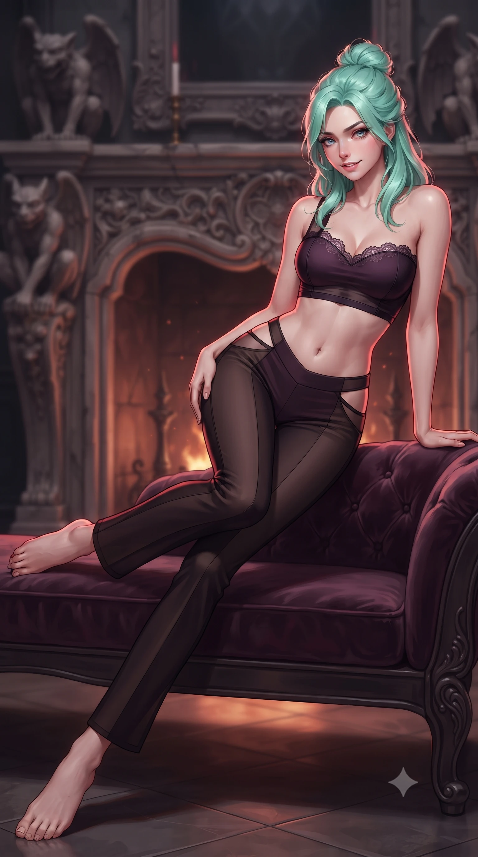 score_9, masterpiece, best quality, ultra-detailed, high-budget anime keyframe, editorial fashion photography, tasteful artistic composition, Japanese woman. low angle full-body shot from head to toe showing her feet, filling the entire 9:16 vertical frame with her statuesque presence, stretching her vertical silhouette. reclining gracefully across the plush chaise lounge with one leg extended, her sculpted silhouette and flat midriff radiating magnetic nocturnal glamour while leaning against the gothic stone fireplace mantel with hips cocked back, looking over a bare shoulder with an intoxicating vampire half-smile. The background shows a soft-focus carved stone gargoyles softened in aristocratic gothic shallow focus. She has an absolutely perfect, statuesque 8.5-heads proportion, an exceptionally tall and slender model-like female figure with impossibly long slender legs, an ultra-slim waist, a flat toned midriff, narrow delicate ribcage, and beautifully sculpted feminine hips creating a graceful, slim hourglass silhouette without any bulky heaviness. sharp v-shaped jawline, high-bridge nose, sparkling eyes with hypnotic seductive depth, thick curled eyelashes, glossy parted lips with a natural dewy peach sheen, alluring bedroom-eyes with an enchanting coquettish smile, exuding magnetic siren charisma and sophisticated glamour, flawlessly proportioned anatomical accuracy, strict slender model proportions, natural body alignment, perfectly sculpted long slender limbs, ultra-slim waistline, clean dynamic posture without body distortion. wearing a form-contouring one-shoulder minimalist bandeau top paired with low-rise tailored trousers with sheer hip cutouts in dark plum violet and gilded bronze with sheer obsidian overlays, crafted from smooth liquid-tight stretch jersey emphasizing every curve of her body, finished with scalloped eyelash lace trim framing her sweetheart neckline with intimate elegance, the form-contouring silhouette accentuating her sculpted flat midriff, narrow delicate ribcage, and gracefully curvy hips with intoxicating allure. illuminated by fireplace ember bounce and sharp crimson-and-gold rim lights sculpting her razor-sharp jawline, narrow waist, and curvy hips. ultra-reflective glossy finish, specular highlights, rich textural contrasts, high-contrast stereoscopic depth, volumetric dynamic lighting, 2k, ultra detail, master piece, 9:16 ratio