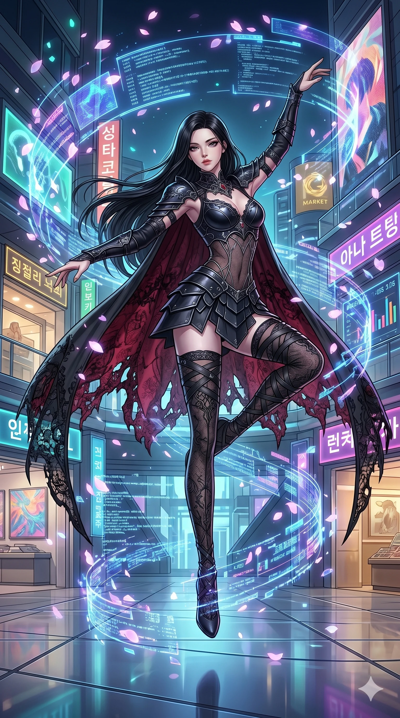 score_9, masterpiece, best quality, ultra-detailed, high-budget anime movie keyframe, cinematic anime lighting, intricate line art, Korean anime girl. Dynamic full-body shot stretching the vertical silhouette across the 9:16 frame. dancing with data-shards in a holographic shopping mall with digital sakura petals. She has an absolutely perfect 8-heads proportion, an exceptionally tall and slender female figure with an ultra-slim waist and impossibly long slender legs. sharp v-shaped jawline, high-bridge nose, intricate jewel-like eyes, thick eyelashes, glossy lips. Wearing dark fantasy gothic leather armor with ornate obsidian plates, a tattered lace cape, and sheer mesh cut-outs at the midriff, exuding a mysterious allure. The scene is illuminated by dramatic atmospheric lighting and vibrant color palettes. 2k, ultra detail, master piece, 9:16 ratio