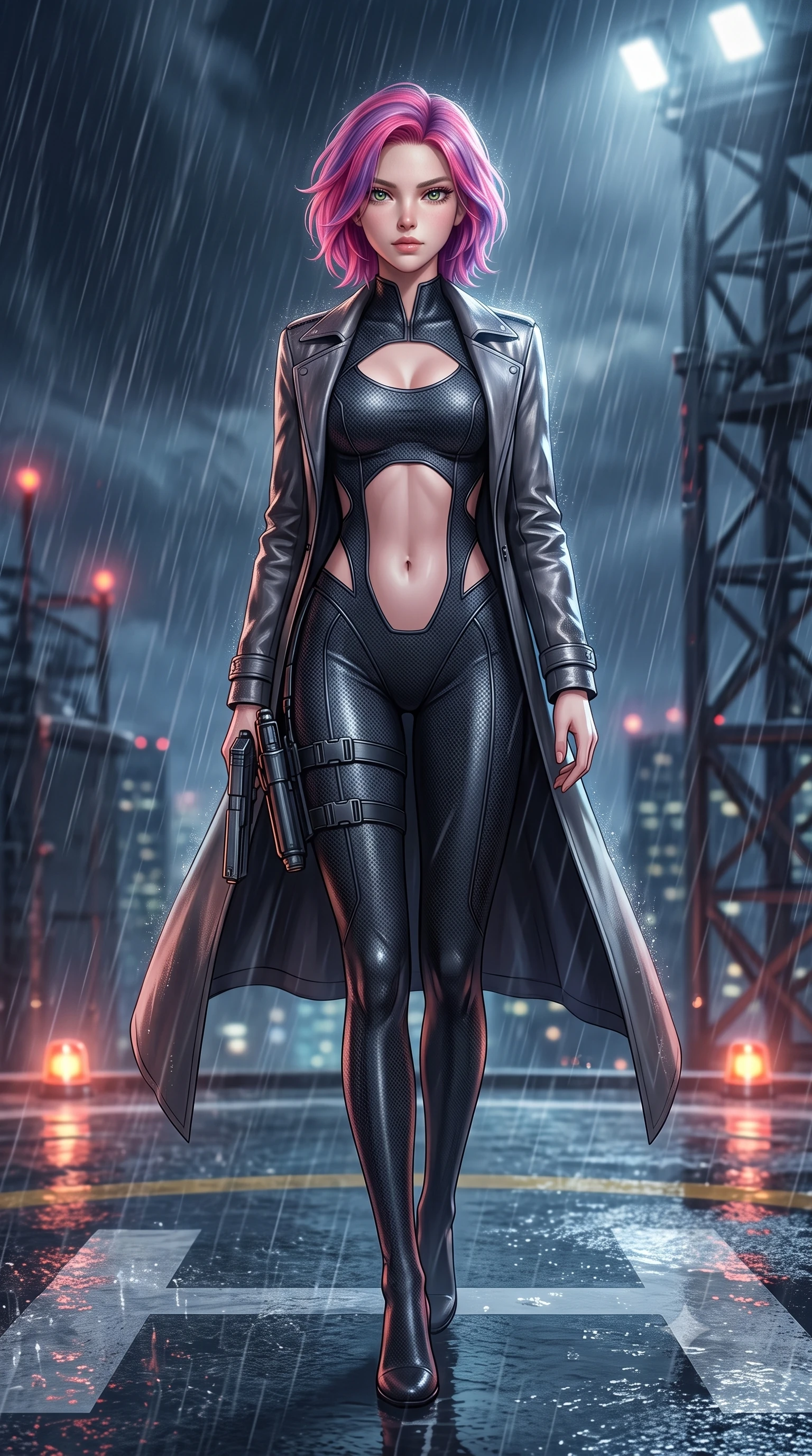 score_9, masterpiece, best quality, ultra-detailed, high-budget anime keyframe, semi-realistic 3D game render, editorial fashion photography, tasteful artistic composition, Caucasian woman. low angle full-body shot from head to toe showing her feet, filling the entire 9:16 vertical frame with her statuesque presence, stretching her vertical silhouette. stepping forward gracefully in mid-motion, displaying her toned flat midriff and flawlessly sculpted slender limbs while striding through the rainstorm with lethal grace, grappling gun holstered at her hip as thunder rumbles overhead. The composition keeps background elements in soft focus with creamy bokeh. helipad perimeter warning beacons and swirling storm rain sheets softened in cinematic shallow focus. She has an absolutely perfect, statuesque 8.5-heads proportion, an exceptionally tall and slender model-like female figure with impossibly long slender legs, a toned flat midriff, and an ultra-slim waist. sharp v-shaped jawline, high-bridge nose, intricate jewel-like eyes with depth, thick eyelashes, glossy lips with a natural sheen, captivating and magnetic expression, flawlessly proportioned anatomical accuracy, strict slender model proportions, natural body alignment, perfectly sculpted long slender limbs, ultra-slim waistline, clean dynamic posture without body distortion. wearing a second-skin dark carbon-weave infiltration catsuit paired with a tailored long leather trench coat in brushed dark platinum and obsidian leather, made of reinforced ripstop micro-mesh with thermal insulation lining, accented with concealed lockpick wristbands and polished dark chrome hardware, the precision-cut daring openings accentuating her delicate midriff, graceful bare collarbones, and ultra-slim feminine waistline. surrounded by an indomitable, dangerous, and breathtakingly cinematic lone infiltration specialist aura. highly saturated vibrant anime colors, detailed shading with soft gradients, rich glossy textures, high-contrast stereoscopic depth, volumetric dynamic lighting, master piece, 9:16 ratio