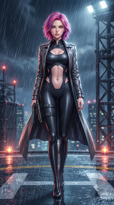 score_9, masterpiece, best quality, ultra-detailed, high-budget anime keyframe, semi-realistic 3D game render, editorial fashion photography, tasteful artistic composition, Caucasian woman. low angle full-body shot from head to toe showing her feet, 