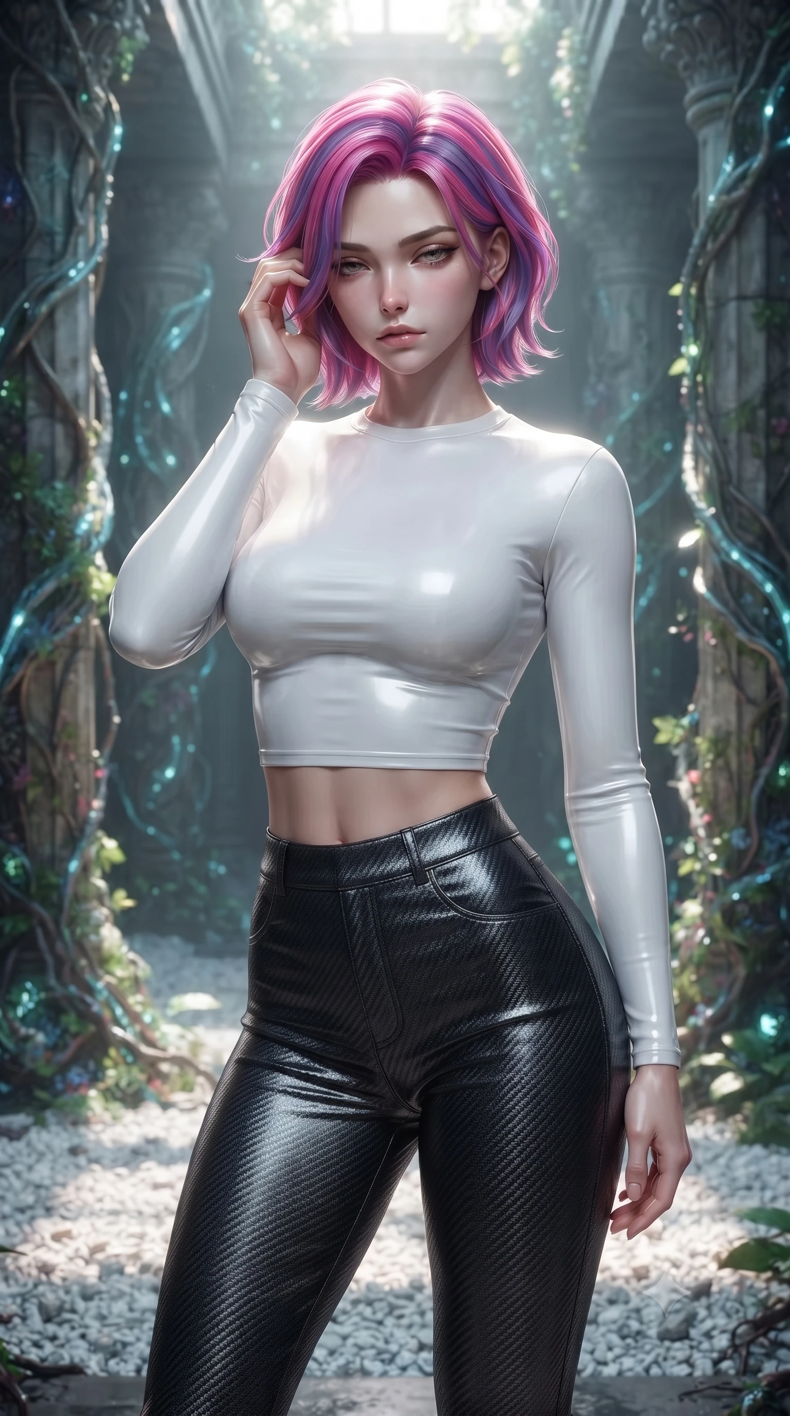 score_9, masterpiece, best quality, ultra-detailed, high-budget anime keyframe, editorial fashion photography, tasteful artistic composition, Caucasian woman. close-up cowboy shot from the waist and thighs up, the character dominates the composition, filling the frame with her large presence, background elements kept in soft focus. gently touching the side of her temple, casting a heavy-lidded, sultry look past the camera, the background shows a soft-focus a void corridor with cyber-roots climbing ancient stone columns in a void. She has an exceptionally elegant, slender, and willowy female figure with an ultra-slim waist, a gracefully sculpted slender torso, and a refined silhouette. sharp v-shaped jawline, high-bridge nose, intricate jewel-like eyes with depth, thick eyelashes, glossy lips with a natural sheen. wearing a tailored body-hugging long-sleeve tactical crop top in pure white, paired with high-waisted black carbon-weave skinny pants. dappled sunlight filtering through glowing leaves onto the white gravel. ultra-reflective glossy finish, specular highlights, metallic sheen, high-contrast stereoscopic depth, volumetric dynamic lighting, 2k, ultra detail, master piece, 9:16 ratio