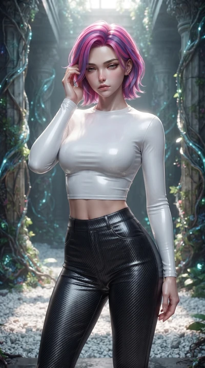 score_9, masterpiece, best quality, ultra-detailed, high-budget anime keyframe, editorial fashion photography, tasteful artistic composition, Caucasian woman. close-up cowboy shot from the waist and thighs up, the character dominates the composition,
