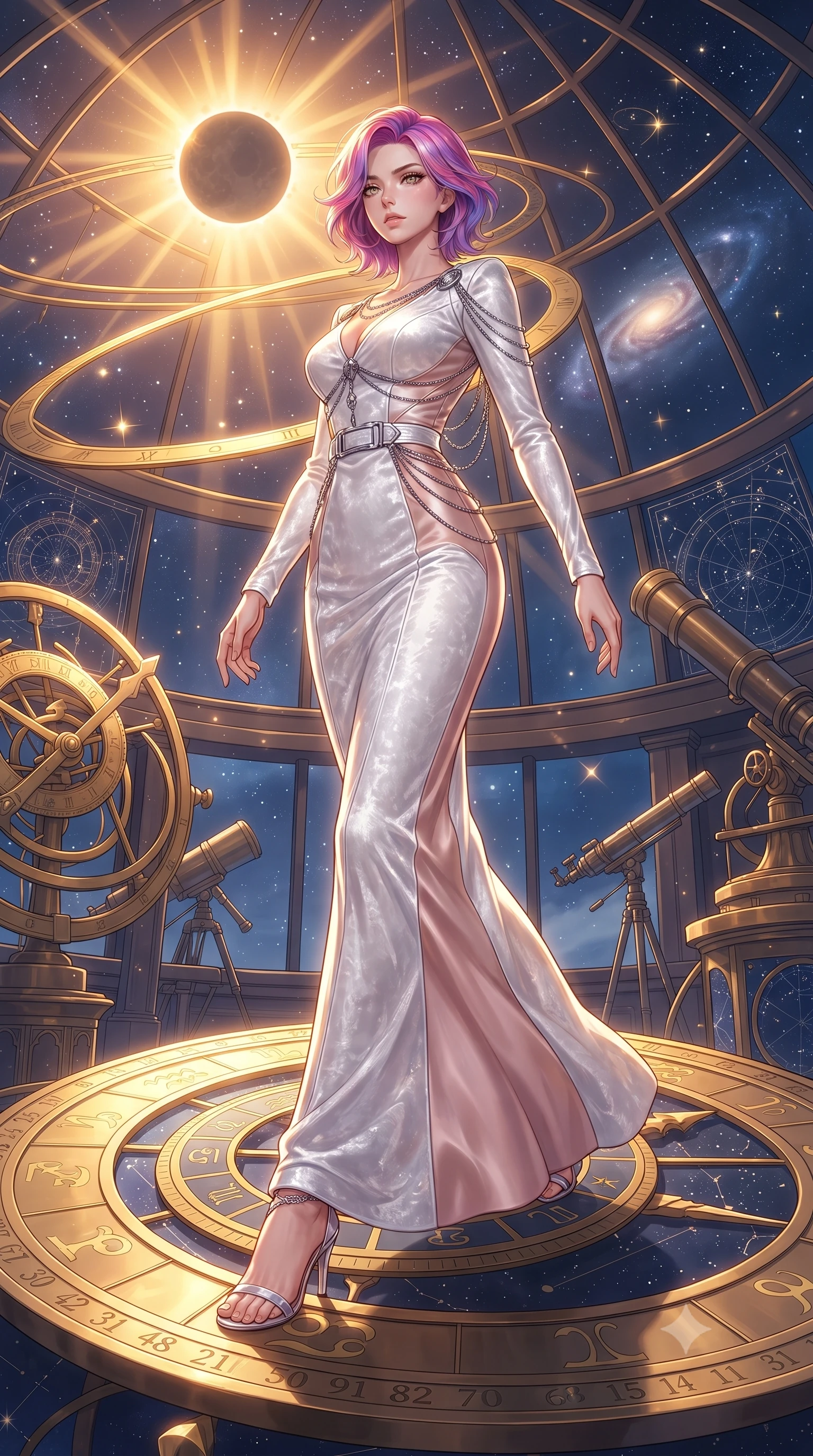 score_9, masterpiece, best quality, ultra-detailed, high-budget anime keyframe, editorial fashion photography, tasteful artistic composition, Caucasian woman. low angle full-body shot from head to toe showing her feet, filling the entire 9:16 vertical frame with her statuesque presence, stretching her vertical silhouette. navigating the celestial sanctuary with an effortless, graceful stride, standing on a massive rotating gold zodiac ring dial inside a sky observatory, a celestial solar eclipse casting brilliant golden rim highlights. She has an absolutely perfect, statuesque 8.5-heads proportion, an exceptionally tall and slender model-like female figure with impossibly long slender legs and an ultra-slim waist. sharp v-shaped jawline, high-bridge nose, intricate jewel-like eyes with depth, thick eyelashes, glossy lips with a natural sheen. wearing sculpted form-fitting crushed white velvet column gown in radiant platinum, made of soft rose-gold satin, framed by polished silver buckles and delicate chain details, highlighting her statuesque proportions and ultra-slim waistline. bathed in warm sunbursts filtering through floating orbital rings. highly saturated vibrant anime colors, detailed shading with soft gradients, rich glossy textures, high-contrast stereoscopic depth, volumetric dynamic lighting, master piece, 9:16 ratio