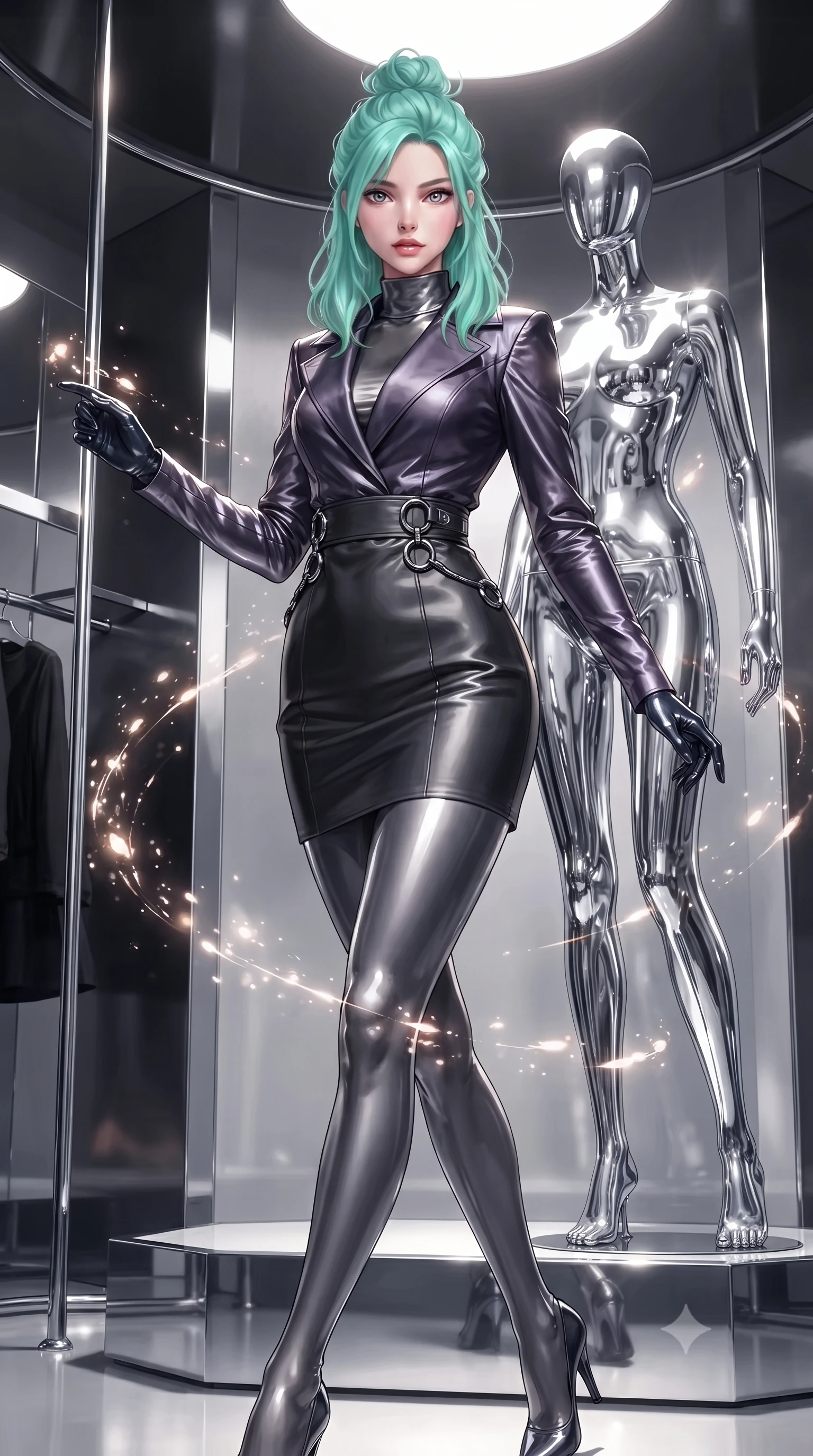 score_9, masterpiece, best quality, ultra-detailed, high-budget anime keyframe, editorial fashion photography, tasteful artistic composition, Japanese woman. low angle full-body shot from head to toe showing her feet, filling the entire 9:16 vertical frame with her statuesque presence, stretching her vertical silhouette. interacting with glowing light particles, her long slender legs poised in motion, poised before a giant chrome mannequin display in a luxury fitting suite, glove-like fit latex bodycon dress catching razor-sharp specular highlights. She has an absolutely perfect, statuesque 8.5-heads proportion, an exceptionally tall and slender model-like female figure with impossibly long slender legs and an ultra-slim waist. sharp v-shaped jawline, high-bridge nose, intricate jewel-like eyes with depth, thick eyelashes, glossy lips with a natural sheen. wearing structured charcoal trench dress over sleek turtleneck in metallic dark silver, made of iridescent dark violet taffeta, trimmed with dark chrome ring hardware along the waist contours, contouring every curve with an exceptionally elegant silhouette. lit by dramatic spotlighting highlighting her athletic contours. ultra-reflective glossy finish, specular highlights, metallic sheen, high-contrast stereoscopic depth, volumetric dynamic lighting, 2k, ultra detail, master piece, 9:16 ratio