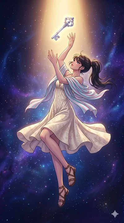 score_9, masterpiece, best quality, ultra-detailed, high-budget anime movie keyframe, cinematic anime lighting, intricate line art, Japanese woman. Mid-air action shot capturing a graceful twist and vertical silhouette. reaching for a key that is flo
