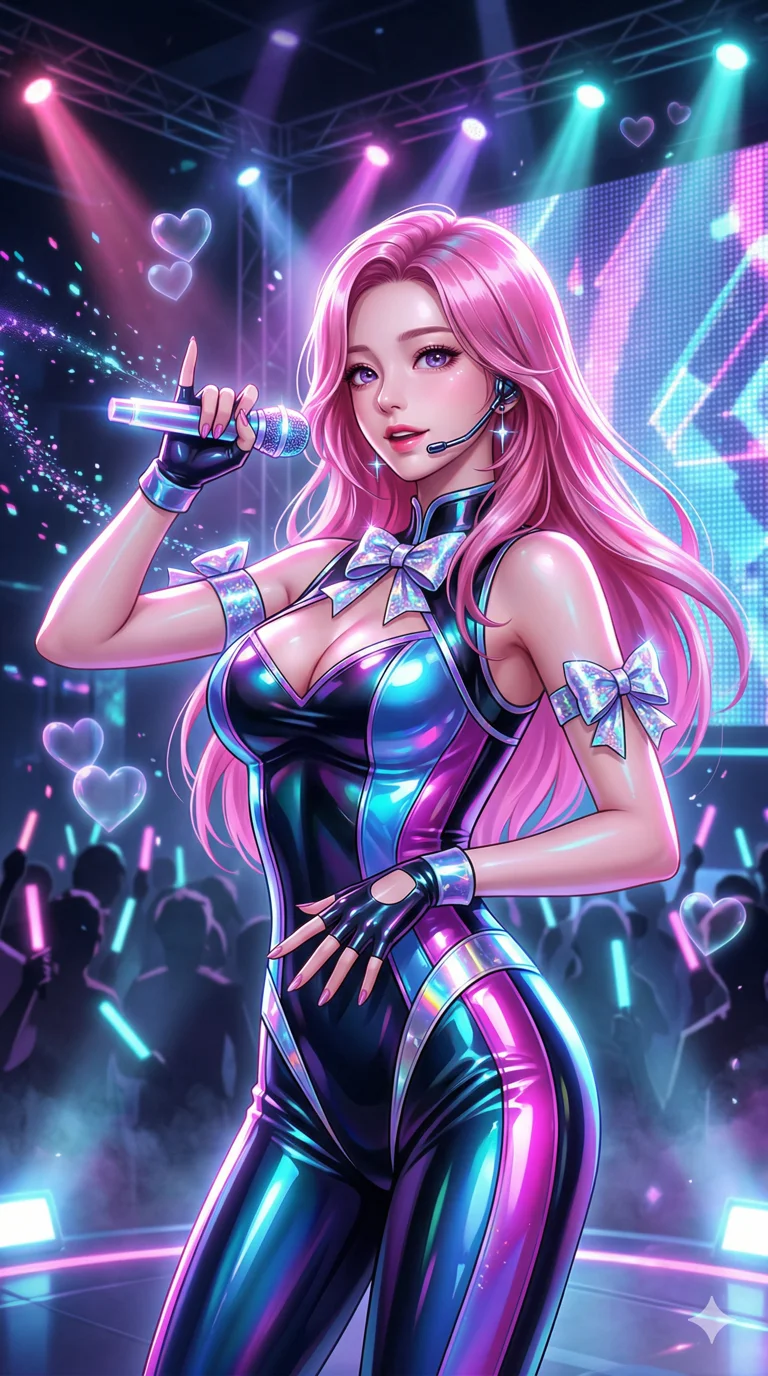 score_9, masterpiece, best quality, ultra-detailed, semi-realistic high-budget anime keyframe, an incredibly beautiful Korean woman. Medium shot of upper body filling the frame. She is a virtual reality idol performing a private concert. She has an absolutely perfect 8-heads proportion, a towering and slender female figure. Her face is a masterpiece with vibrant pink hair and jewel-like eyes. She is wearing a glossy latex idol outfit with holographic bows, highlighting her alluring silhouette. Stage lights and digital hearts, radiant glowing skin, dramatic rim lighting, 2k, ultra detail, master piece, 9:16 ratio