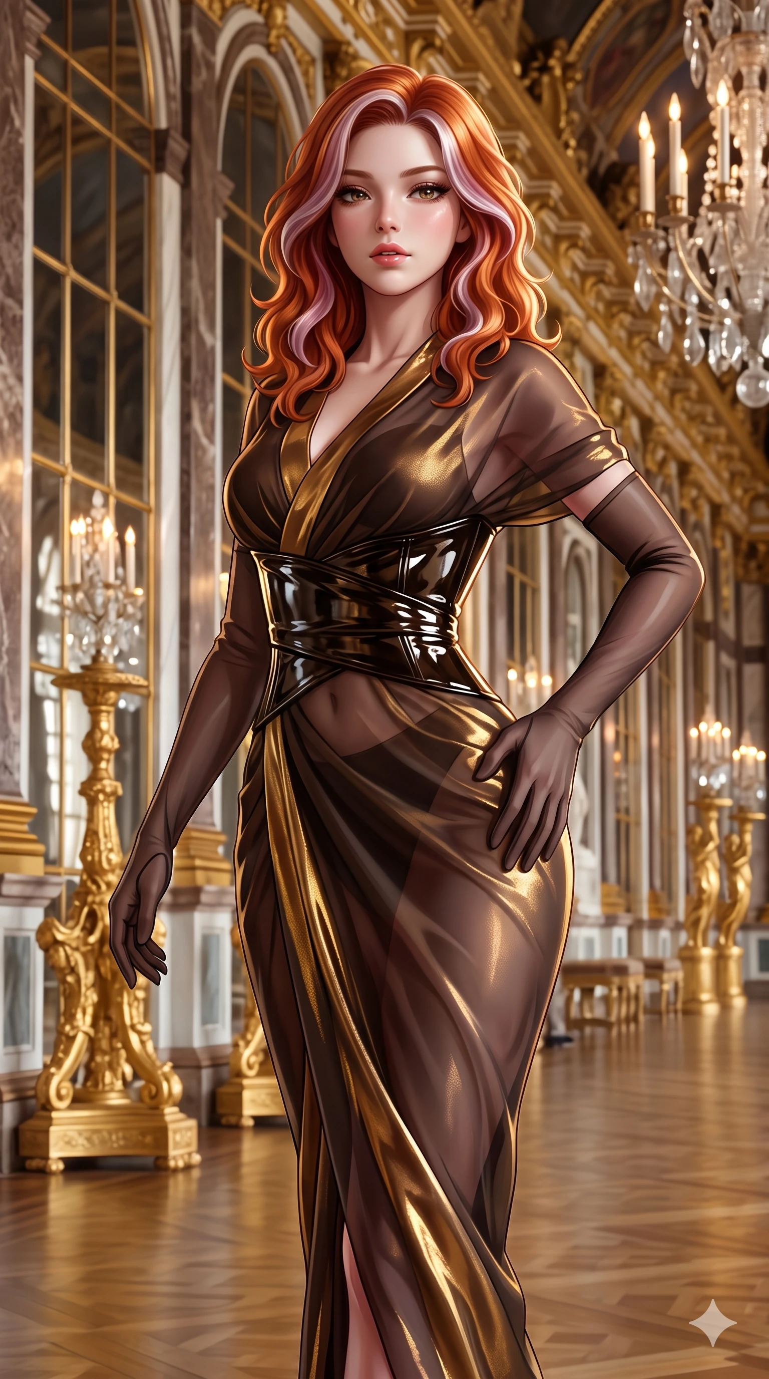 score_9, masterpiece, best quality, ultra-detailed, high-budget anime keyframe, semi-realistic 3D game render, editorial fashion photography, tasteful artistic composition, Caucasian woman. close-up cowboy shot from the waist and thighs up, the character dominates the composition, filling the frame with her large presence. arching her spine backward with effortless dancer poise, one hand sliding along her hip line as directional light carves specular highlights along her silhouette while stepping forward with hypnotic grace down the gallery aisle, hips swaying in an alluring sensual rhythm that accentuates her curvy hourglass silhouette. The surrounding environment is rendered in vivid detail and crisp panoramic clarity: sharp rococo gold-leaf scrollwork, mirror bevel speculars, and crisp alabaster stone grain in deep focus. She has an exceptionally elegant, slender, and willowy female figure with an ultra-slim waist, flat toned midriff, narrow ribcage, and sculpted feminine hips creating an alluring, slim hourglass silhouette without bulk. sharp v-shaped jawline, high-bridge nose, intricate jewel-like sparkling eyes with depth, thick eyelashes, glossy parted lips with a natural sheen, intensely captivating and seductive bedroom-eyes expression, exuding both youthful cute charm and sovereign luxury allure, flawlessly proportioned anatomical accuracy, strict slender model proportions, natural body alignment, perfectly sculpted long slender limbs, ultra-slim waistline, clean dynamic posture without body distortion. wearing a delicate semi-translucent silk yukata that clings to her wet skin and curvy hip contours in dark espresso brown and molten gold foil, tailored from high-gloss patent leather with mirror-like specular highlights, complemented by sheer opera-length evening gloves tracing her slender arms, the form-contouring cut accentuating her sculpted flat midriff, narrow delicate ribcage, and gracefully curvy hips with intoxicating allure. illuminated by mirrored wall bounce and sharp diamond-gold rim lights carving her sculpted collarbones, ultra-slim waist, and curvy hips. highly saturated vibrant anime colors, detailed shading with soft gradients, rich glossy textures, high-contrast stereoscopic depth, volumetric dynamic lighting, master piece, 9:16 ratio