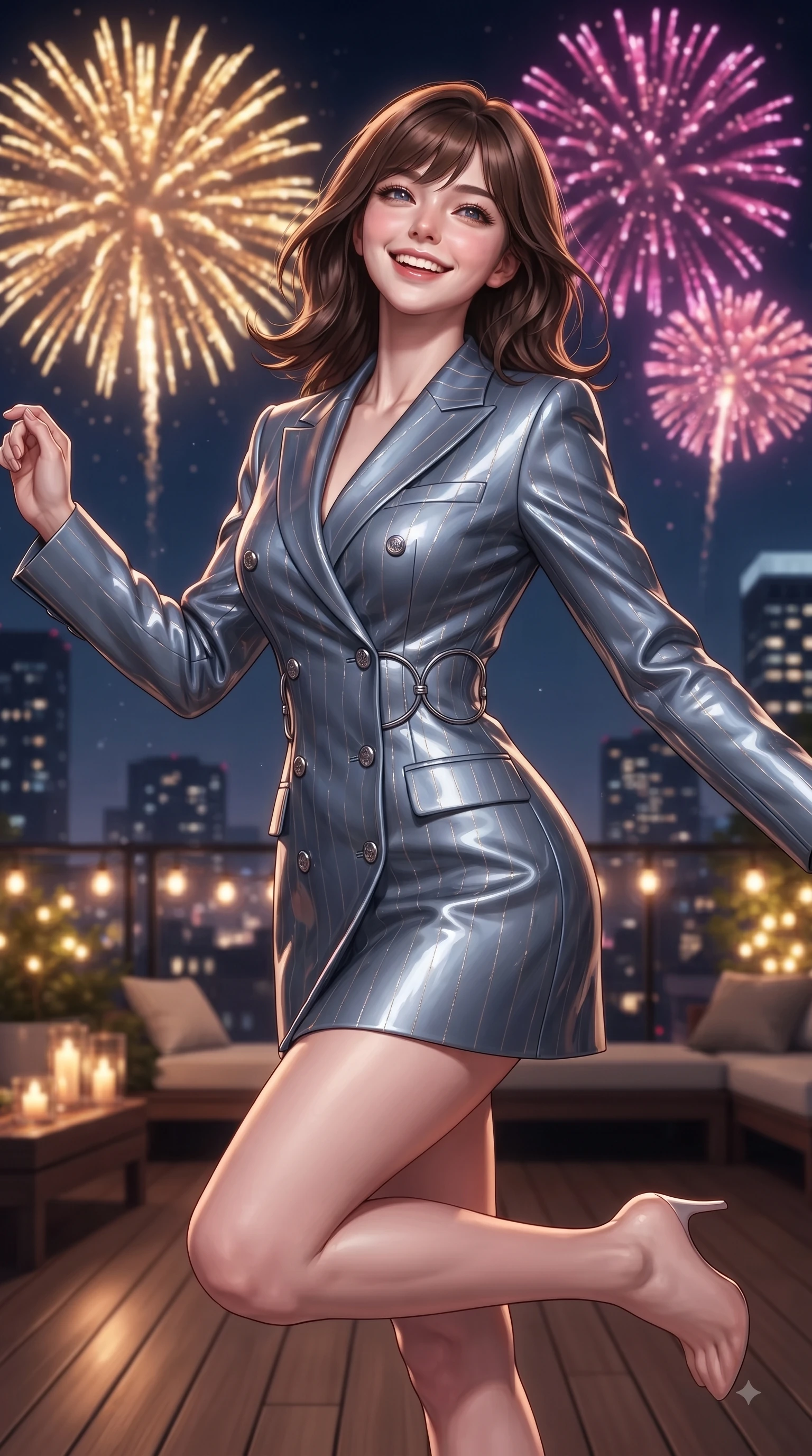 score_9, masterpiece, best quality, ultra-detailed, high-budget anime keyframe, editorial fashion photography, tasteful artistic composition, Korean woman. close-up cowboy shot from the waist and thighs up, the character dominates the composition, filling the frame with her large presence, background elements kept in soft focus. Tilting her chin up with a beaming smile of pure delight while balancing dynamically amidst the scene while leaping joyfully on a high-rise penthouse rooftop deck under a sky of festive fireworks, spectacular golden and magenta fireworks bursting in the background night skyline. She has an exceptionally elegant, slender, and willowy female figure with an ultra-slim waist, a gracefully sculpted slender torso, and a refined silhouette. sharp v-shaped jawline, high-bridge nose, intricate jewel-like eyes with depth, thick eyelashes, glossy lips with a natural sheen, flawlessly proportioned anatomical accuracy, natural body alignment, perfectly sculpted elegant limbs, clean dynamic posture without body distortion. wearing a double-breasted blazer dress with subtle metallic pin-stripes in slate blue and metallic silver, tailored from high-gloss patent leather, accented with delicate chrome ring hardware framing her waist, the sleek second-skin texture accentuating her magnetic presence. bathed in festive firework explosions and warm amber fairy light radiance. ultra-reflective glossy finish, specular highlights, metallic sheen, high-contrast stereoscopic depth, volumetric dynamic lighting, 2k, ultra detail, master piece, 9:16 ratio
