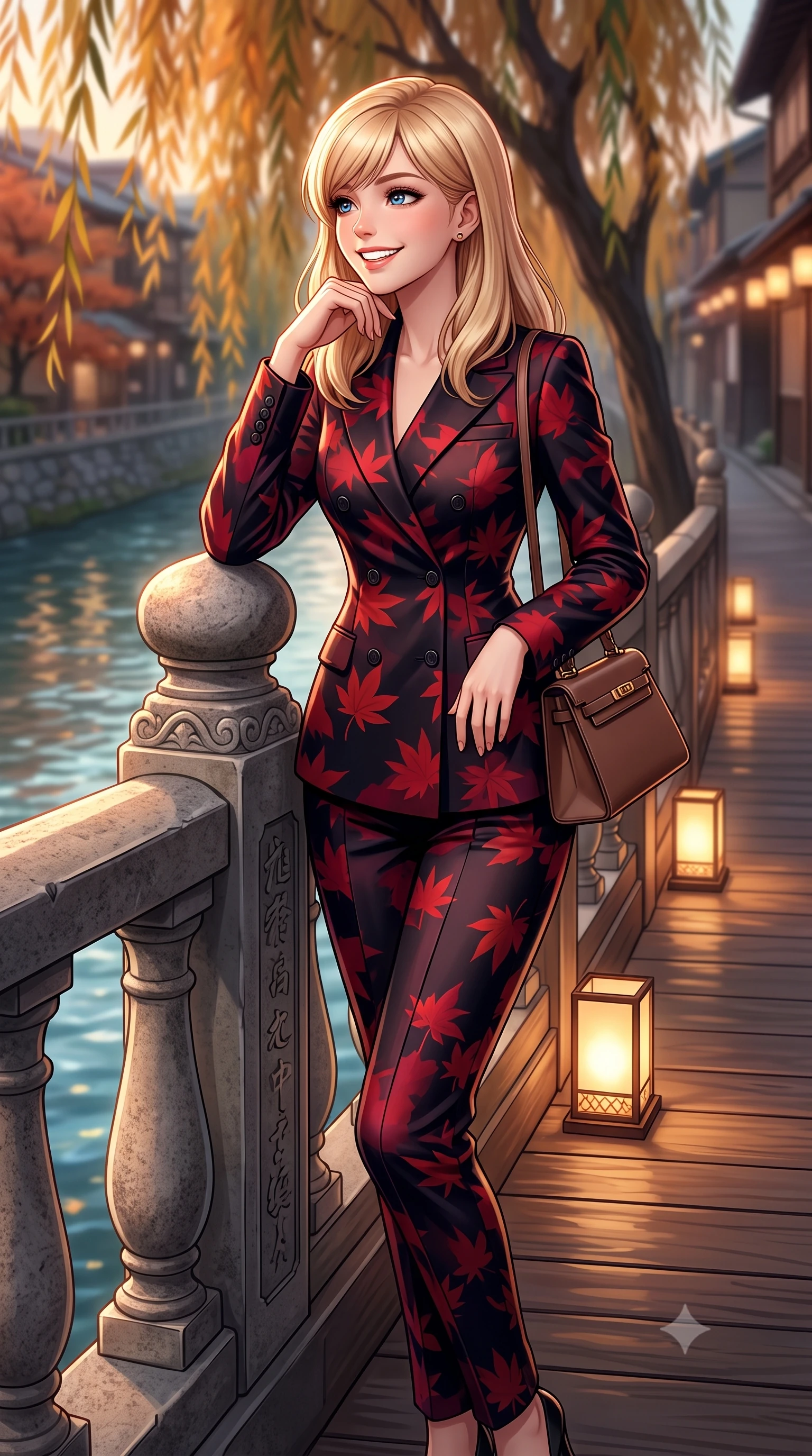 score_9, masterpiece, best quality, ultra-detailed, high-budget anime keyframe, semi-realistic 3D game render, editorial fashion photography, tasteful artistic composition, Caucasian woman. close-up cowboy shot from the waist and thighs up, the character dominates the composition, filling the frame with her large presence. resting one elbow on the stone balustrade, chin poised lightly on her hand with intelligent, charming warmth while standing poised on the wooden kawayuka deck suspended over the clear riverbank, looking out at autumn willows with a bright, beaming smile. The background shows a soft-focus warm paper lanterns along Gion alleyways softened in romantic Kyoto dusk shallow focus. She has an exceptionally elegant, slender, and willowy female figure with an ultra-slim waist, flat toned midriff, narrow ribcage, and sculpted feminine hips creating an alluring, slim hourglass silhouette without bulk. sharp v-shaped jawline, high-bridge nose, intricate jewel-like sparkling eyes with depth, thick eyelashes, glossy parted lips with a natural peach sheen, bright cheerful beaming smile with an enchanting and coquettish sensual glint, exuding both youthful cute charm and seductive allure, flawlessly proportioned anatomical accuracy, strict slender model proportions, natural body alignment, perfectly sculpted long slender limbs, ultra-slim waistline, clean dynamic posture without body distortion. wearing a refined double-breasted wool gabardine pantsuit with clean minimalist tailoring and a concealed placket in Kyoto autumn maple crimson and deep ink black, crafted from fluid mulberry silk twill with an understated lustrous pearl finish, finished with a structured leather top-handle mini bag resting gracefully at her side, the bespoke architectural tailoring hugging her natural waistline with sartorial precision, creating a clean graceful hourglass silhouette with tall model elegance. illuminated by river water specular reflection bounce and sharp copper-rose rim lights sculpting her jawline, narrow waist, and graceful model proportions. highly saturated vibrant anime colors, detailed shading with soft gradients, rich glossy textures, high-contrast stereoscopic depth, volumetric dynamic lighting, master piece, 9:16 ratio
