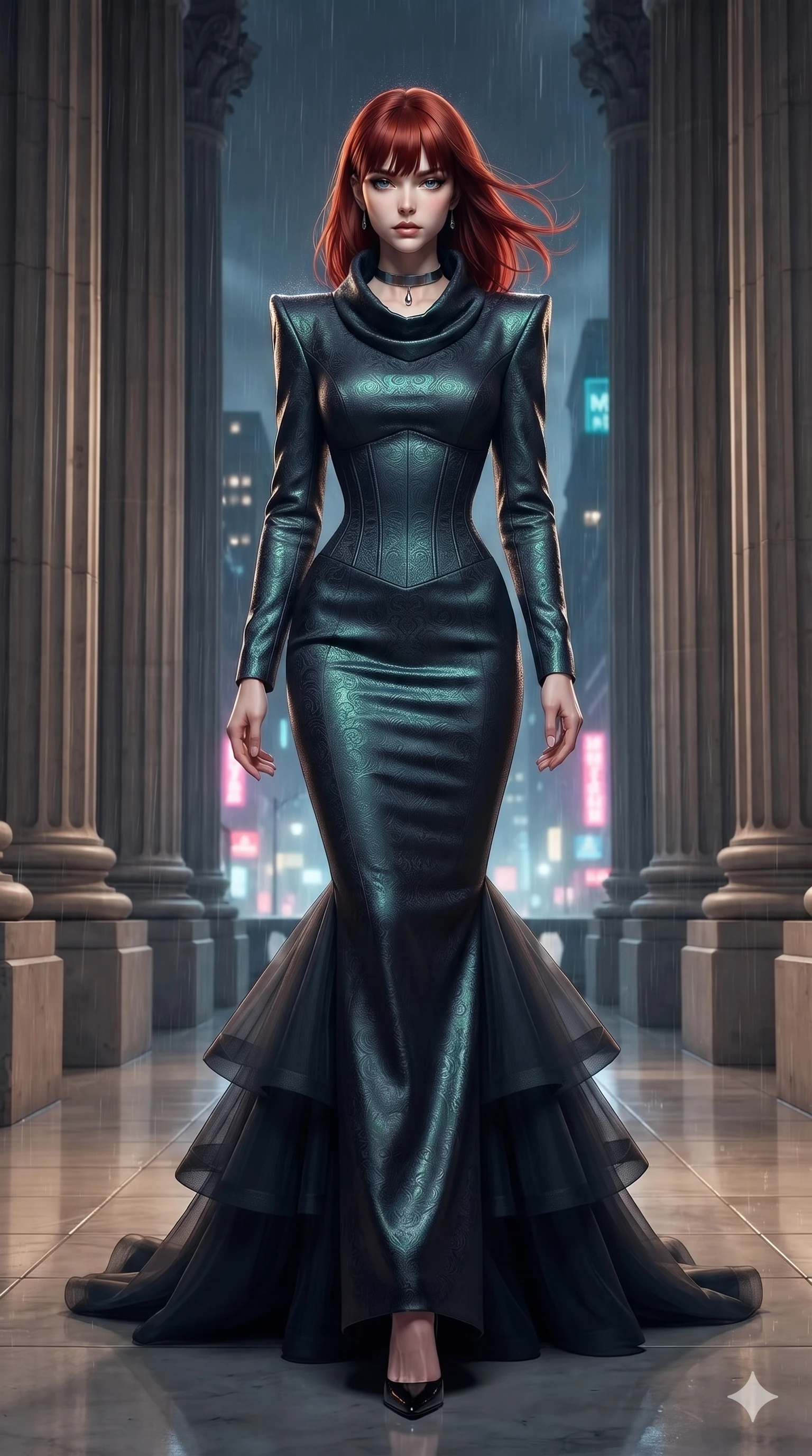 score_9, masterpiece, best quality, ultra-detailed, high-budget anime keyframe, editorial fashion photography, tasteful artistic composition, Caucasian woman. low angle full-body shot from head to toe showing her feet, filling the entire 9:16 vertical frame with her statuesque presence, stretching her vertical silhouette. stepping forward into the rain-streaked neon light, head tilted slightly as her smoldering gaze captivates the lens while standing tall between classical stone columns, arching her lower back with sovereign supermodel grace as evening breezes whip through her hair. The surrounding environment is rendered in vivid detail and crisp panoramic clarity: detailed tiered tulle and silk gown tailoring, corseted waist structure, and historic masonry in razor-sharp precision. She has an exceptionally tall and slender model-like 8.5-heads proportion, an ultra-slim waist, a flat toned midriff, narrow delicate ribcage, and beautifully sculpted feminine hips creating a graceful, slim hourglass silhouette without any bulky heaviness, with impossibly long slender legs. sharp v-shaped jawline, high-bridge nose, intricate jewel-like dark sparkling eyes with dangerous depth, thick curled eyelashes, glossy parted lips with a rich wine sheen, smoldering seductive half-smile with bedroom-eyes, exuding effortless superiority and intoxicating dark allure, flawlessly proportioned anatomical accuracy, strict slender model proportions, natural body alignment, perfectly sculpted long slender limbs, ultra-slim waistline, clean dynamic posture without body distortion. wearing a bespoke architectural wool-crepe column gown with high cowl neck and sharp structured shoulders in iridescent petroleum beetle-sheen and deep graphite, tailored from rich silk jacquard with subtle embossed baroque patterns, finished with a minimalist chrome choker and a single teardrop pendant, the impeccably tailored cut draping gracefully along her slender figure with aristocratic noir poise. illuminated by polished portico floor bounce and sharp ivory-gold rim lights defining her razor-sharp jawline, narrow waist, and curvy hips. ultra-reflective glossy finish, specular highlights, rich textural contrasts, high-contrast stereoscopic depth, volumetric dynamic lighting, 2k, ultra detail, master piece, 9:16 ratio
