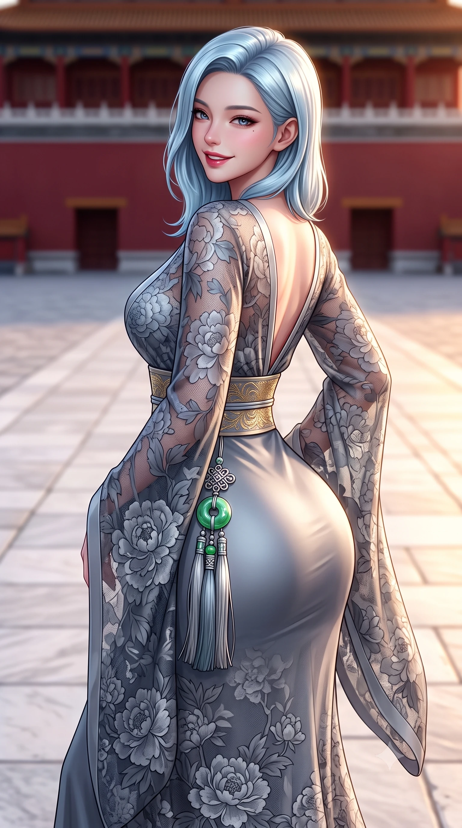 score_9, masterpiece, best quality, ultra-detailed, high-budget anime keyframe, semi-realistic 3D game render, editorial fashion photography, tasteful artistic composition, Korean woman. close-up cowboy shot from the waist and thighs up, the character dominates the composition, filling the frame with her large presence. posing in an alluring rear three-quarter angle, turning over a bare shoulder with an intoxicating gaze, her hips cocked back to highlight her slim hourglass curve while standing in the center of the vast marble courtyard before monumental red palace walls, arching her back with sovereign haute-couture majesty. The background shows a soft-focus the vast paved white marble courtyard softened in majestic imperial Beijing shallow focus. She has an exceptionally elegant, slender, and willowy female figure with an ultra-slim waist, flat toned midriff, narrow ribcage, and sculpted feminine hips creating an alluring, slim hourglass silhouette without bulk. sharp v-shaped jawline, high-bridge nose, intricate jewel-like dark sparkling almond eyes with depth, thick lashes, glossy parted lips with a natural rose-plum sheen, bright alluring and coquettish smile with bedroom-eyes, exuding both timeless oriental elegance and sovereign high-fashion allure, flawlessly proportioned anatomical accuracy, strict slender model proportions, natural body alignment, perfectly sculpted long slender limbs, ultra-slim waistline, clean dynamic posture without body distortion. wearing a deep plunging-V modern kimono gown with wide flowing sleeves and a waist-cinching gold embroidered sash in misty ink-wash slate grey and liquid silver, woven from delicate semi-opaque floral lace with oriental peony patterns, finished with an ornate modern norigae tassel with polished jade and chrome charms resting on her curvy hips, the liquid-tight tailored silk fabric clinging flawlessly to her narrow waist and rounded feminine hips, emphasizing every millimeter of her sculpted slim hourglass curves without any bulky heaviness. bathed in dramatic twilight golden hour light streaming horizontally across the vast marble plaza. highly saturated vibrant anime colors, detailed shading with soft gradients, rich glossy textures, high-contrast stereoscopic depth, volumetric dynamic lighting, master piece, 9:16 ratio