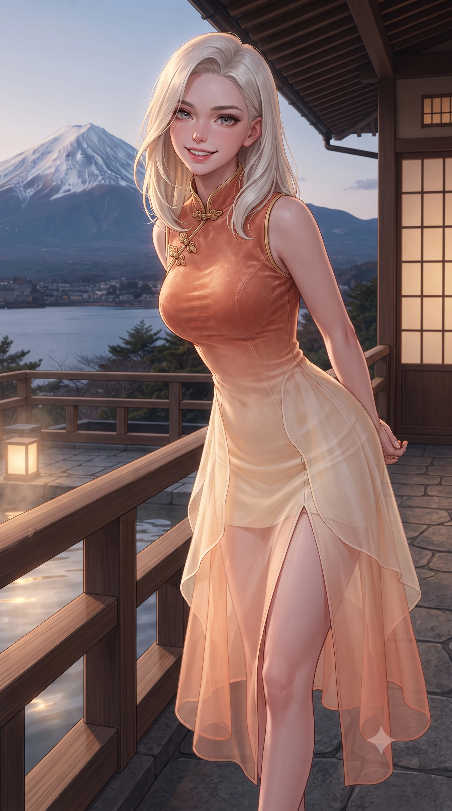 score_9, masterpiece, best quality, ultra-detailed, high-budget anime keyframe, editorial fashion photography, tasteful artistic composition, Caucasian woman. close-up cowboy shot from the waist and thighs up, the character dominates the composition, filling the frame with her large presence. resting both hands lightly behind her back while leaning toward the lens with a cheerful, teasing grin, her form-fitting fusion dress hugging her narrow waist and hip curve while standing at the cedar onsen railing overlooking the snow-capped peak of Mount Fuji at dusk, arching her spine with serene seductive poise. The surrounding environment is rendered in vivid detail and crisp panoramic clarity: detailed loungewear texture, rosy flushed skin highlights, and prestigious ryokan architecture in razor-sharp precision. She has an exceptionally elegant, slender, and willowy female figure with an ultra-slim waist, flat toned midriff, narrow ribcage, and sculpted feminine hips creating an alluring, slim hourglass silhouette without bulk. sharp v-shaped jawline, high-bridge nose, intricate jewel-like dark sparkling almond eyes with depth, thick lashes, glossy parted lips with a natural rose-plum sheen, bright alluring and coquettish smile with bedroom-eyes, exuding both timeless oriental elegance and sovereign high-fashion allure, flawlessly proportioned anatomical accuracy, strict slender model proportions, natural body alignment, perfectly sculpted long slender limbs, ultra-slim waistline, clean dynamic posture without body distortion. wearing a modern fusion hanbok dress with a structured velvet bodice and cascading sheer ombre organza skirt with front slit in warm peach apricot and soft vanilla silk, tailored from fine crisp cotton-linen with clean structural lines, accented with intricate gold frog buttons and a delicate mandarin collar, the glove-like silhouette tightly following the natural contour of her hips and long slender legs with youthful 8.5-heads elegance. illuminated by hot spring water caustics and sharp platinum rim lights carving her razor-sharp jawline, narrow waist, and curvy hips. ultra-reflective glossy finish, specular highlights, rich textural contrasts, high-contrast stereoscopic depth, volumetric dynamic lighting, 2k, ultra detail, master piece, 9:16 ratio