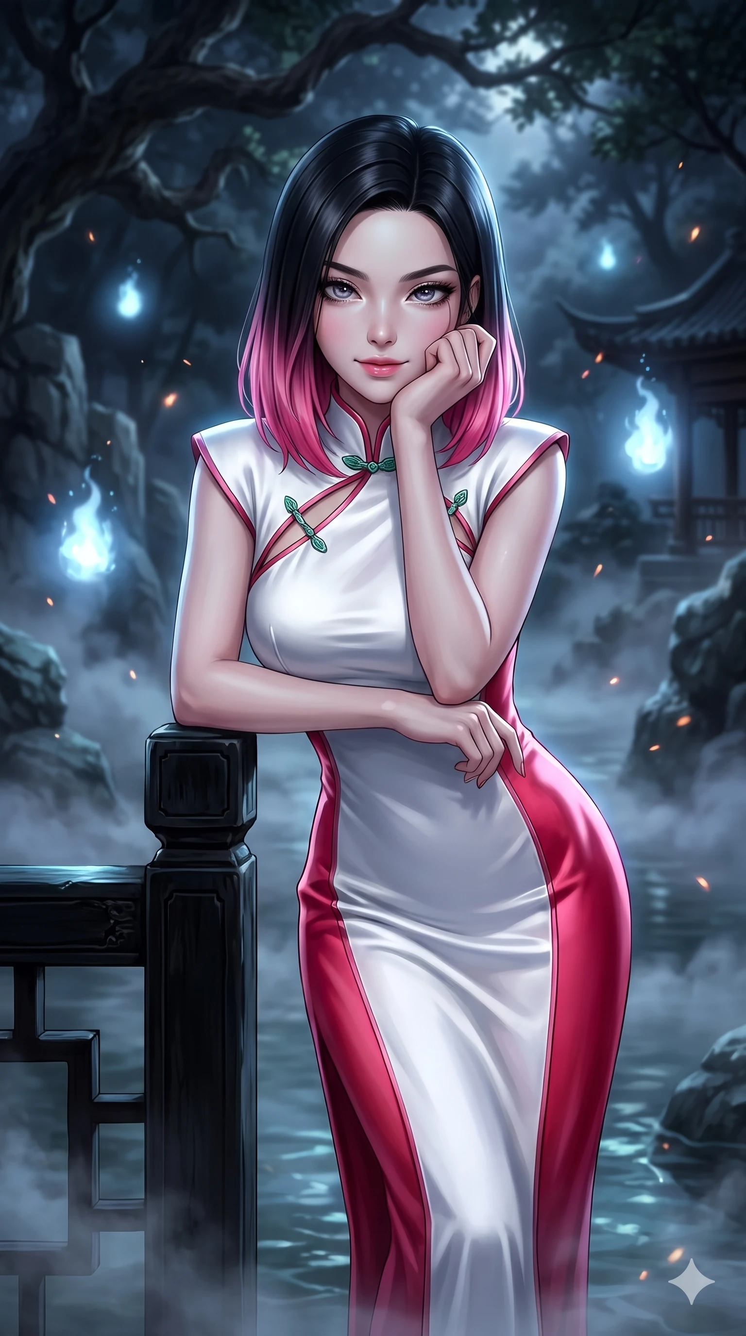 score_9, masterpiece, best quality, ultra-detailed, high-budget anime keyframe, semi-realistic 3D game render, editorial fashion photography, tasteful artistic composition, Korean woman. close-up cowboy shot from the waist and thighs up, the character dominates the composition, filling the frame with her large presence. resting one elbow on the lacquered balustrade and supporting her chin, leaning close to the camera with heavy-lidded sparkling eyes and parted lips while stepping gracefully through the misty spring waters, her long slender legs and curvy hourglass hips commanding the mystical grove. The background shows a soft-focus sacred secluded mountain spring softened in nocturnal fantasy shallow focus. She has an exceptionally elegant, slender, and willowy female figure with an ultra-slim waist, flat toned midriff, narrow ribcage, and sculpted feminine hips creating an alluring, slim hourglass silhouette without bulk. sharp v-shaped jawline, high-bridge nose, sparkling eyes with hypnotic seductive depth, thick curled eyelashes, glossy parted lips with a natural dewy peach sheen, alluring bedroom-eyes with an enchanting coquettish smile, exuding magnetic siren charisma and sophisticated glamour, flawlessly proportioned anatomical accuracy, strict slender model proportions, natural body alignment, perfectly sculpted long slender limbs, ultra-slim waistline, clean dynamic posture without body distortion. wearing a refined high-collar fusion qipao evening column gown with structured shoulders and modest jade toggle clasps in pure snow white and vivid cherry blossom crimson, tailored from smooth liquid silk satin with a natural dewy moonlight sheen, accented with sculptural chrome hardware rings framing the subtle cutouts, the bespoke structured tailoring following the natural line of her 8.5-heads silhouette with refined elegance. surrounded by a mysterious dark spiritual aura with pale blue floating spirit fires and cool moonlight. highly saturated vibrant anime colors, detailed shading with soft gradients, rich glossy textures, high-contrast stereoscopic depth, volumetric dynamic lighting, master piece, 9:16 ratio